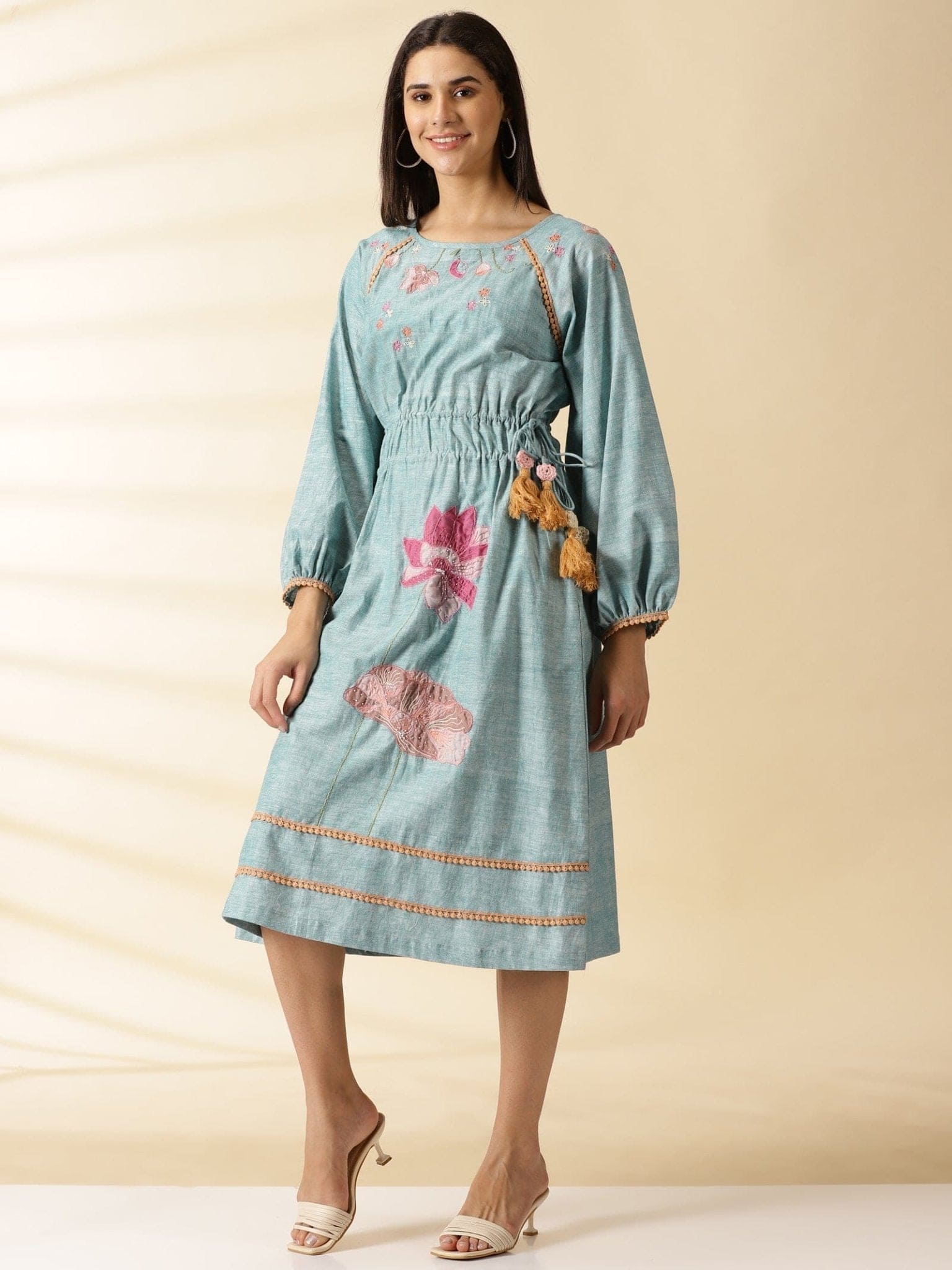Dust Blue Hand Stitched Lotus Dress - Charkha TalesDust Blue Hand Stitched Lotus Dress