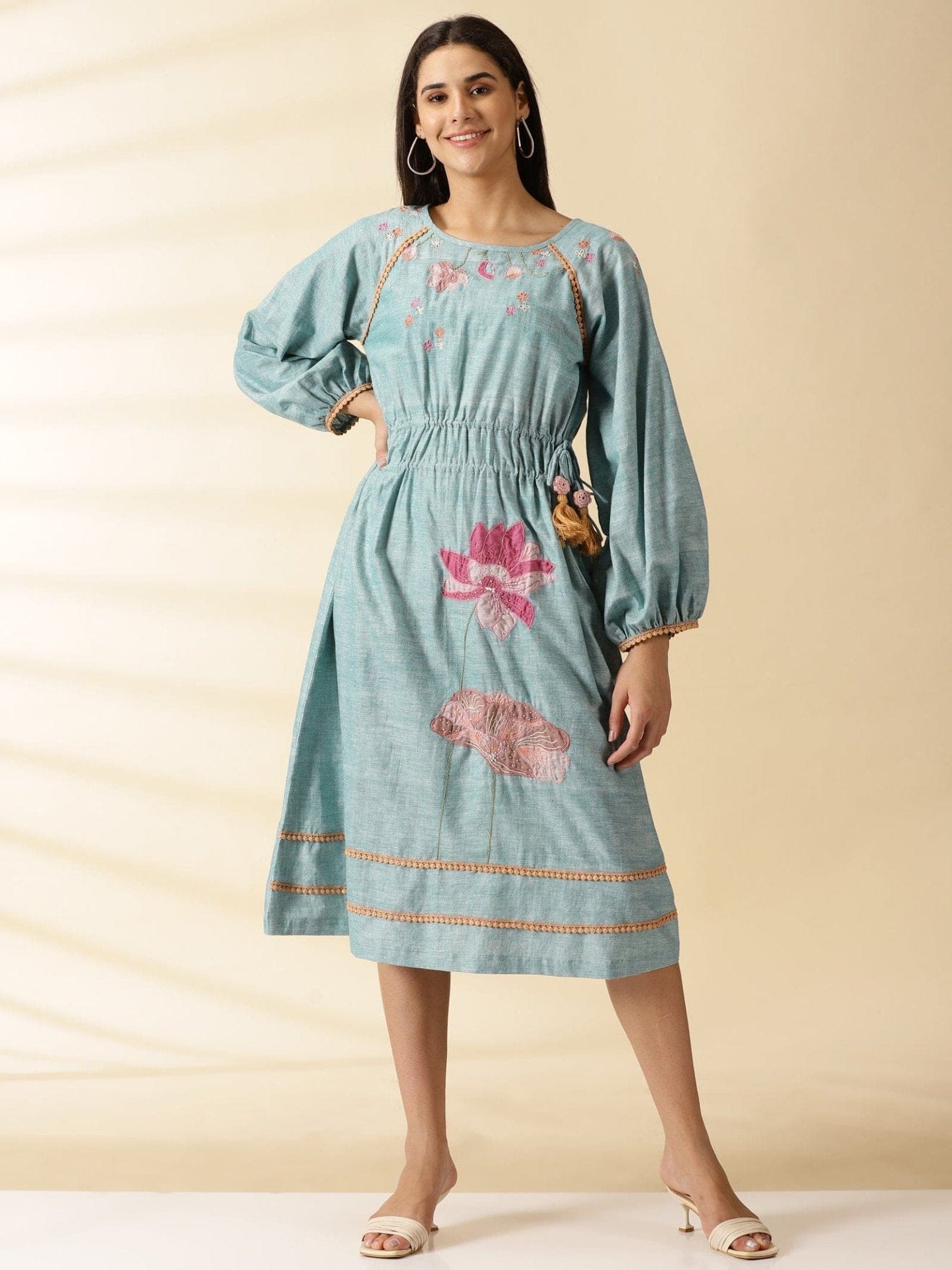 Dust Blue Hand Stitched Lotus Dress - Charkha TalesDust Blue Hand Stitched Lotus Dress