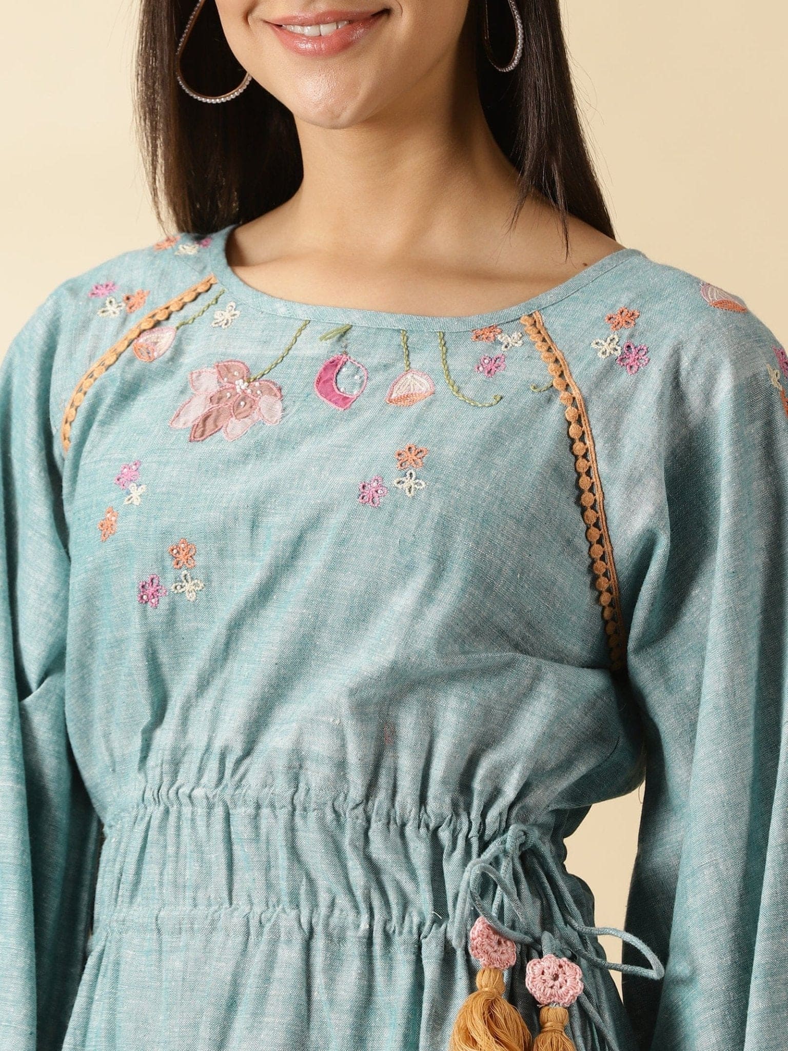 Dust Blue Hand Stitched Lotus Dress - Charkha TalesDust Blue Hand Stitched Lotus Dress