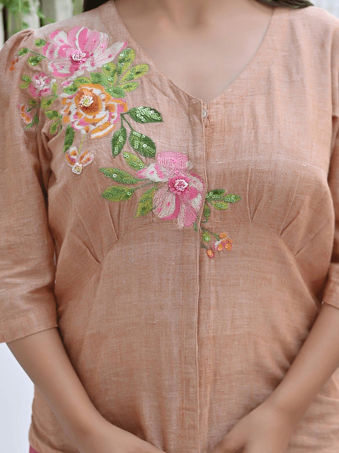 Fawn Bold Bloom Embroidered Top - Charkha TalesFawn Bold Bloom Embroidered Top