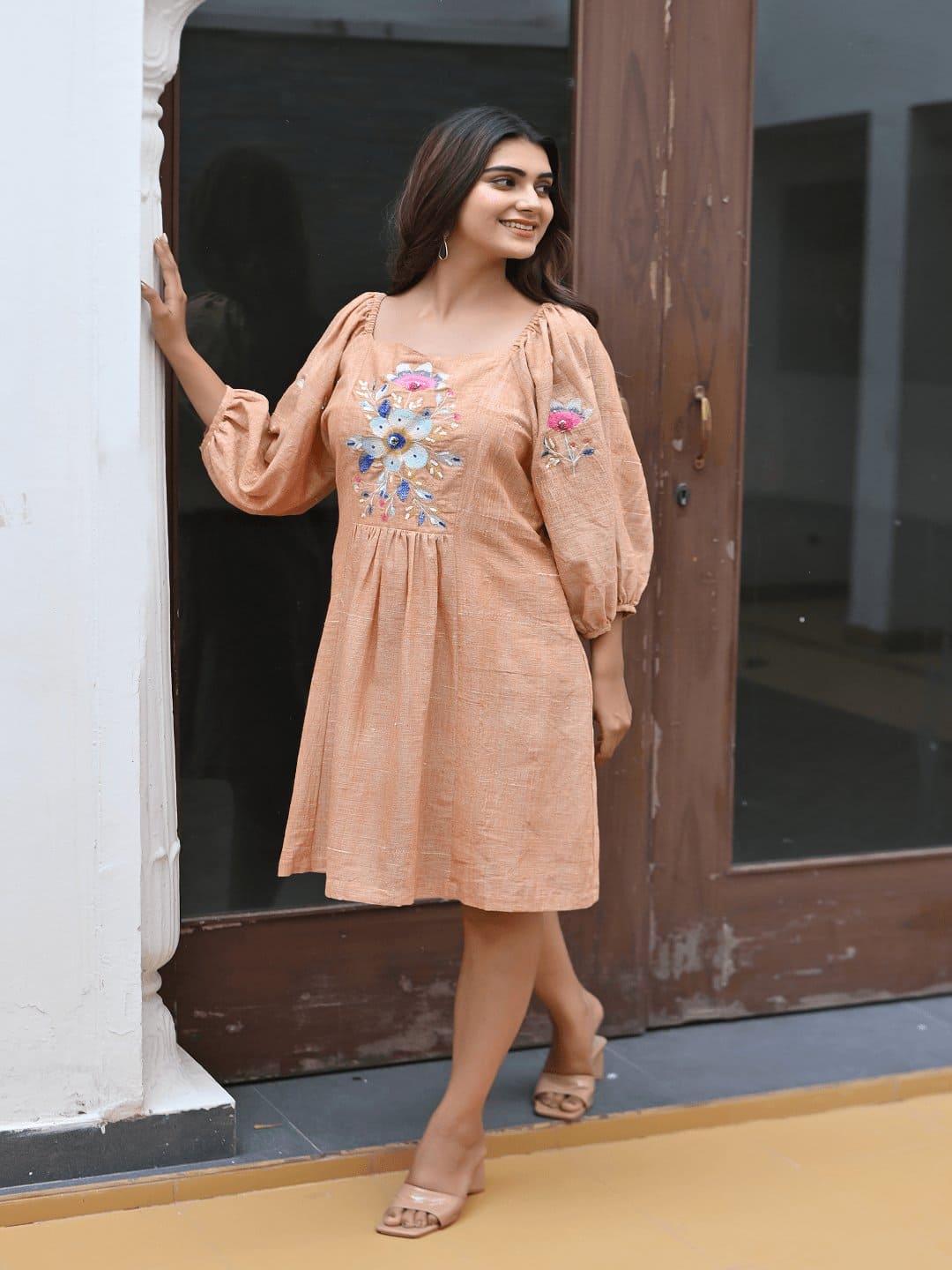 Fawn Embroidred Short Dress - Charkha TalesFawn Embroidred Short Dress