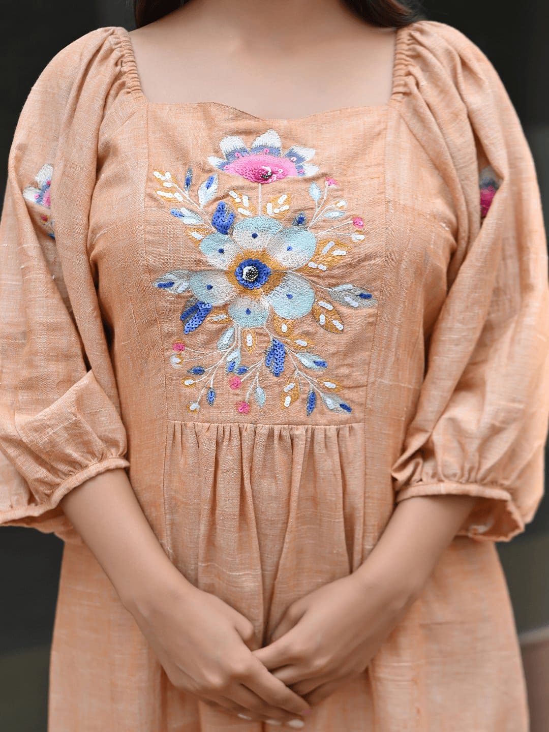 Fawn Embroidred Short Dress - Charkha TalesFawn Embroidred Short Dress