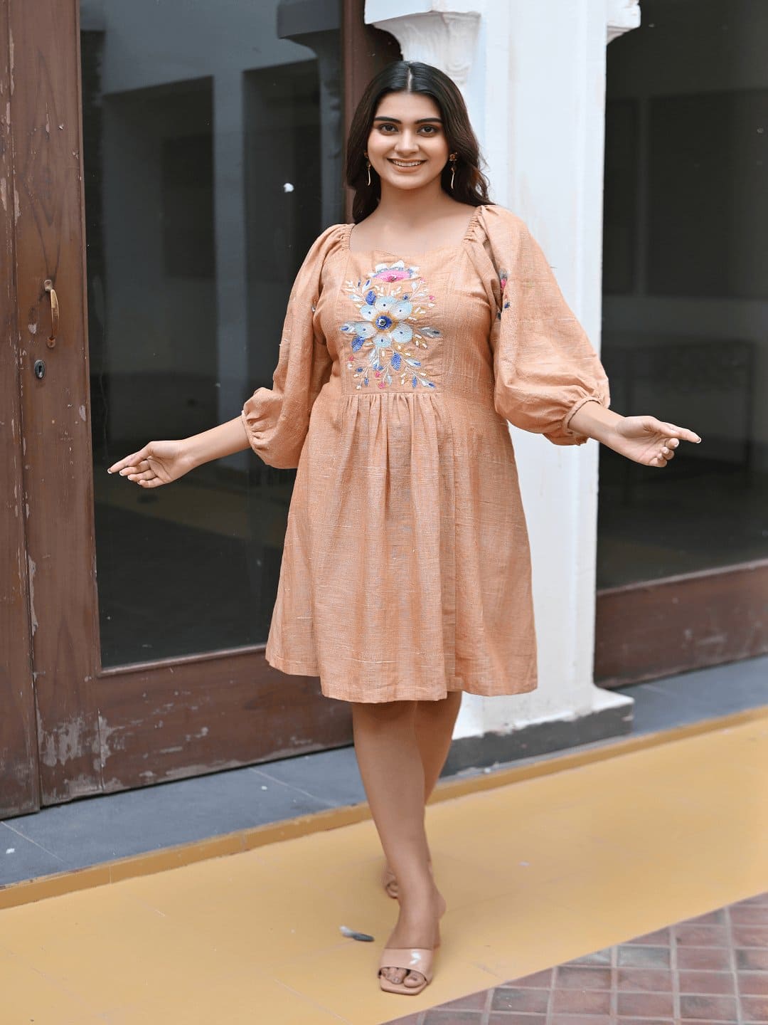 Fawn Embroidred Short Dress - Charkha TalesFawn Embroidred Short Dress