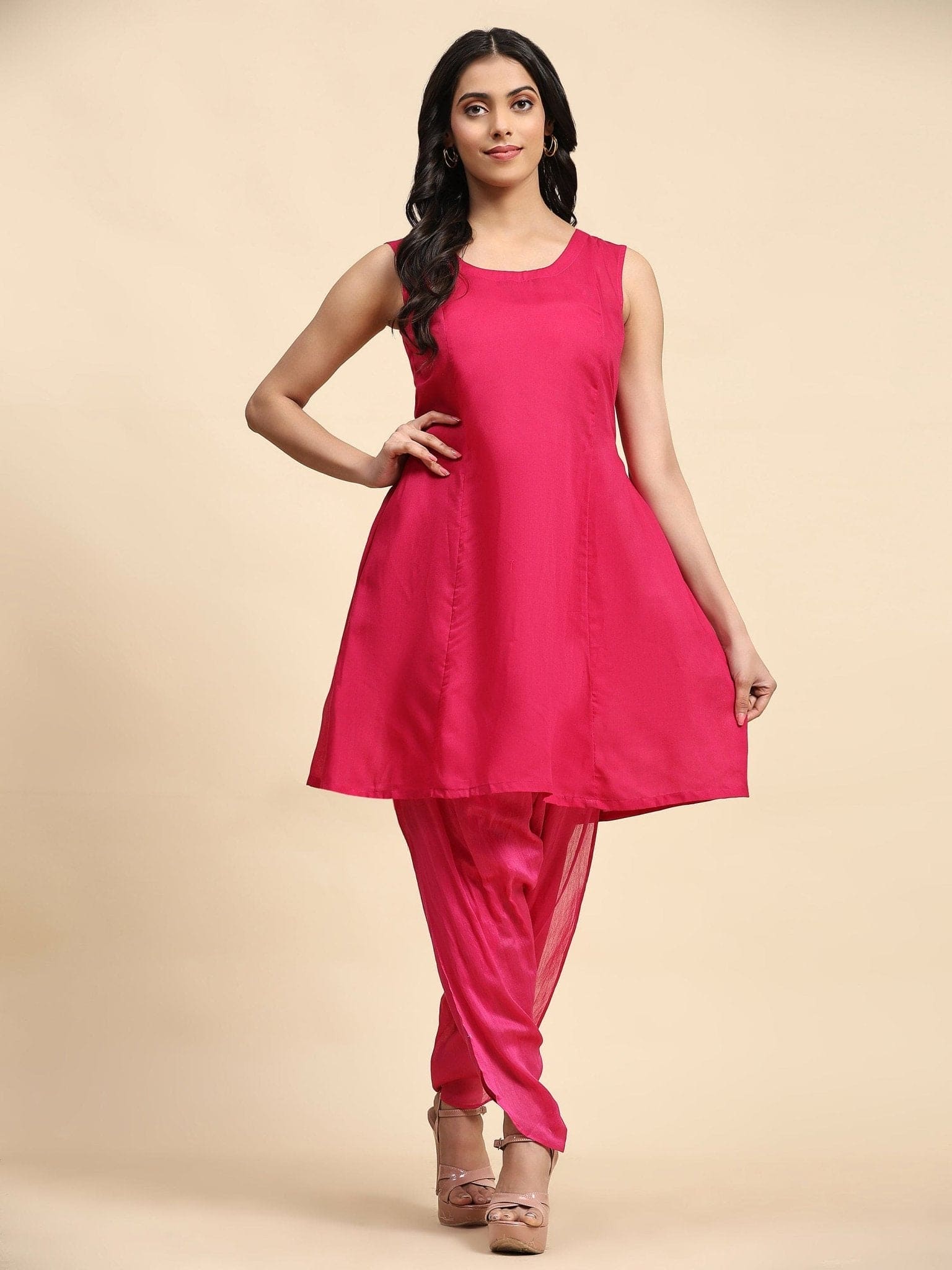 Fuscia Pink Sequence Chanderi Kurta Set - Charkha TalesFuscia Pink Sequence Chanderi Kurta Set