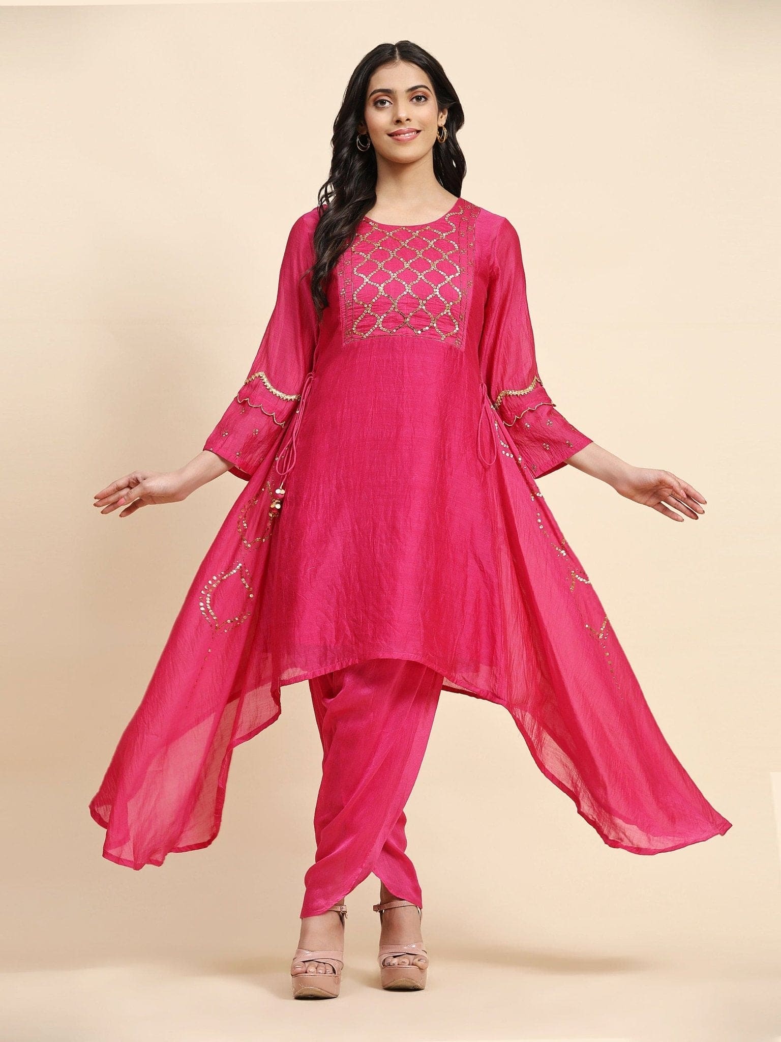 Fuscia Pink Sequence Chanderi Kurta Set - Charkha TalesFuscia Pink Sequence Chanderi Kurta Set