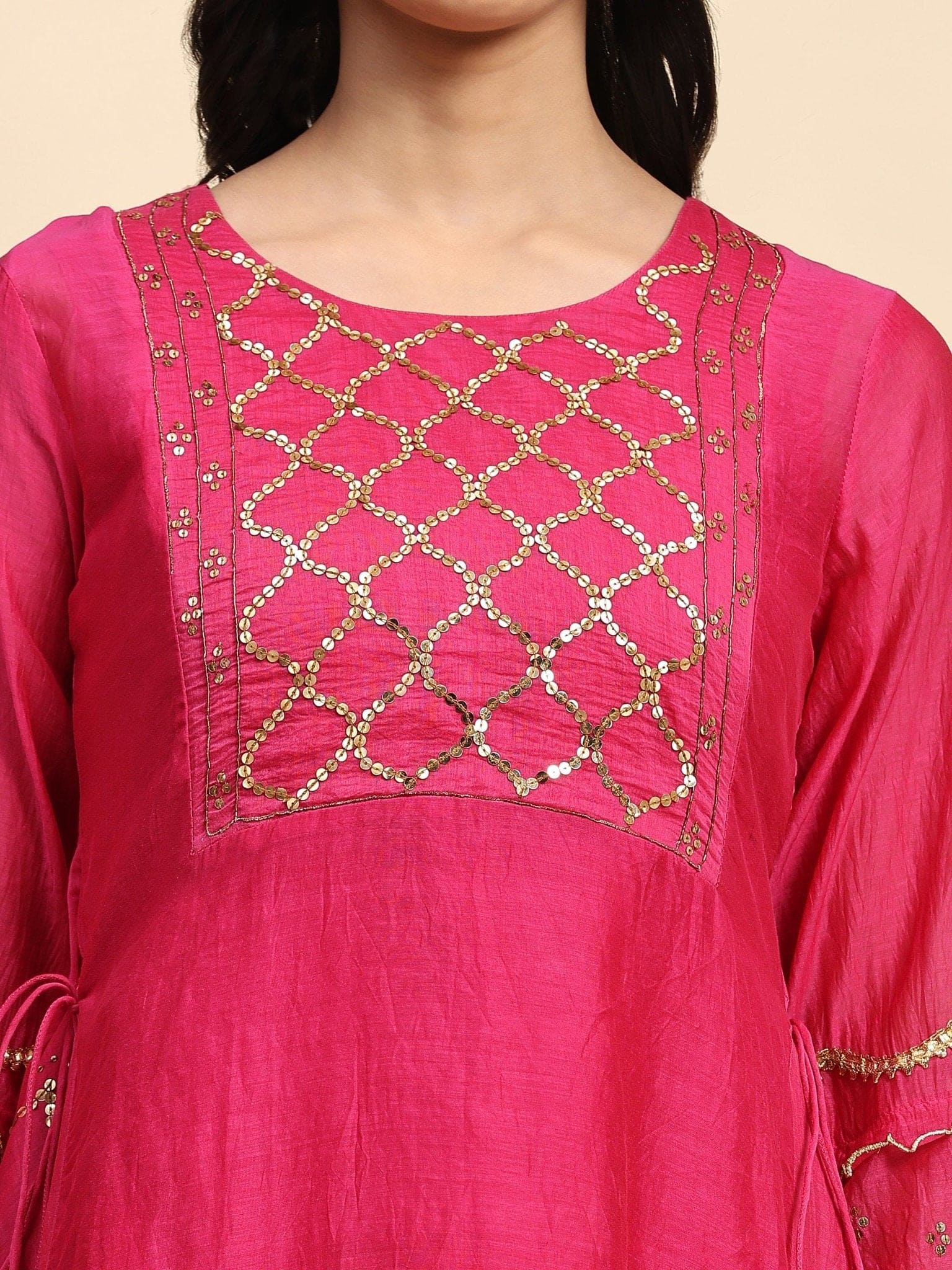 Fuscia Pink Sequence Chanderi Kurta Set - Charkha TalesFuscia Pink Sequence Chanderi Kurta Set