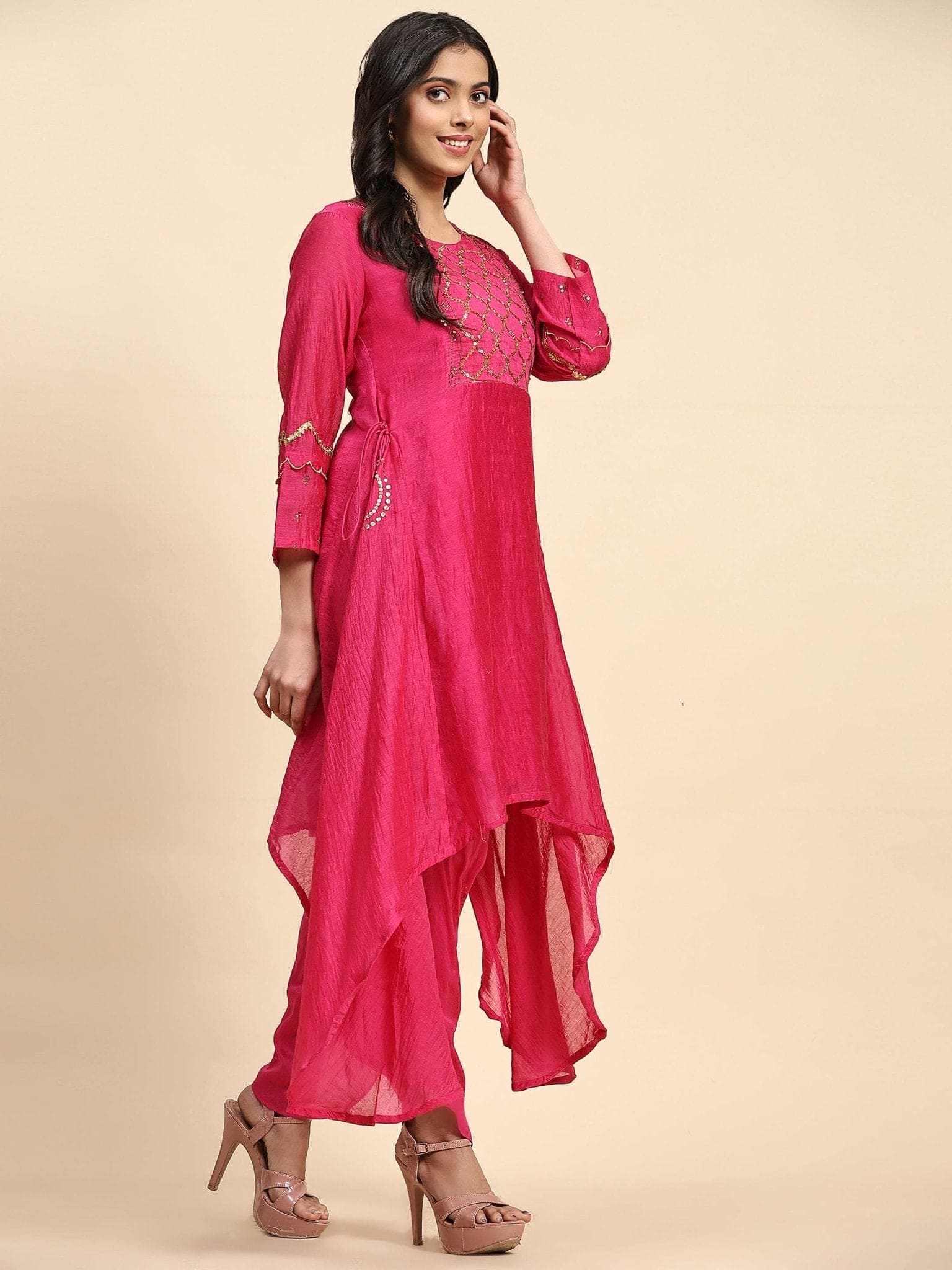 Fuscia Pink Sequence Chanderi Kurta Set - Charkha TalesFuscia Pink Sequence Chanderi Kurta Set
