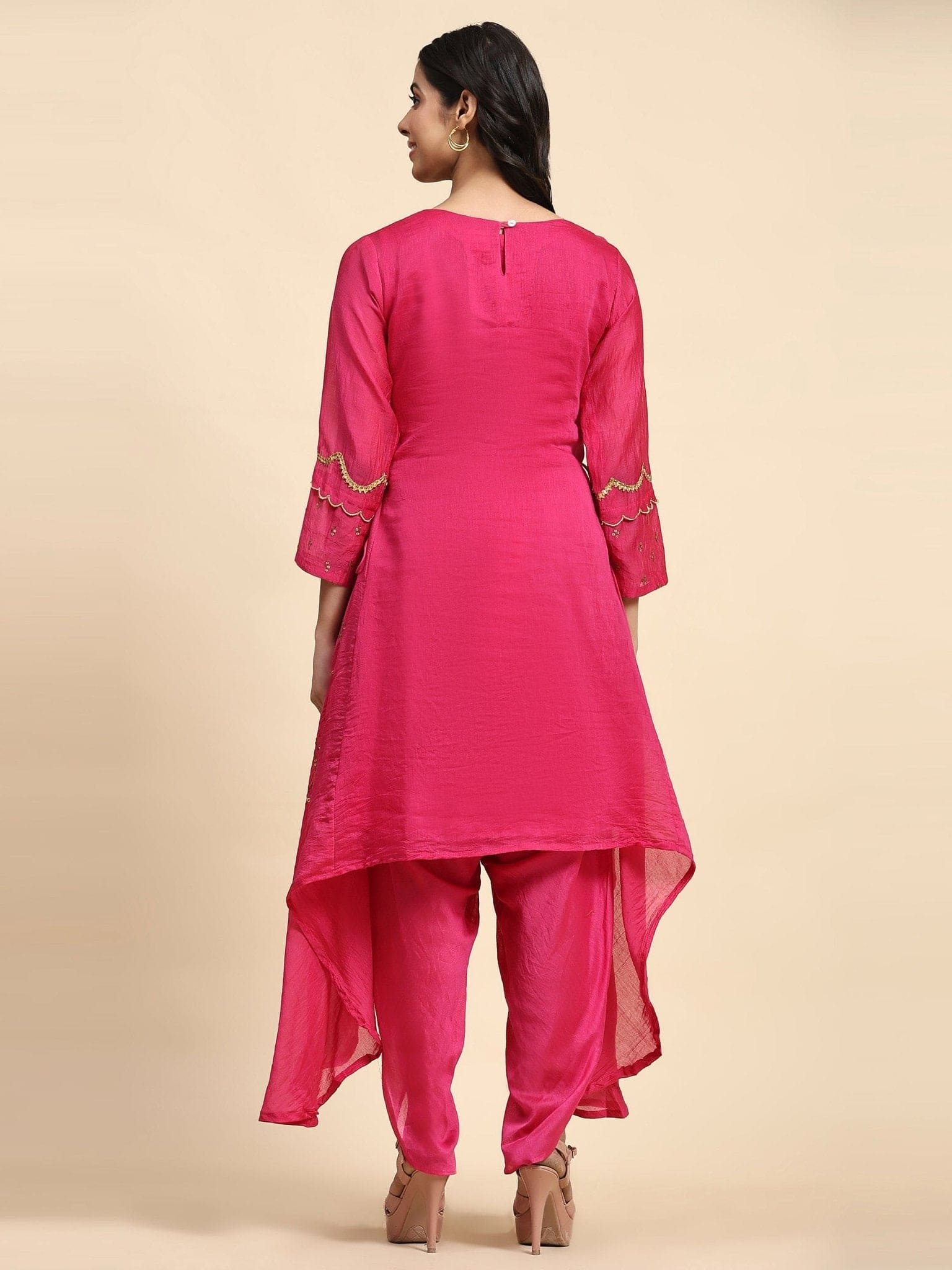 Fuscia Pink Sequence Chanderi Kurta Set - Charkha TalesFuscia Pink Sequence Chanderi Kurta Set