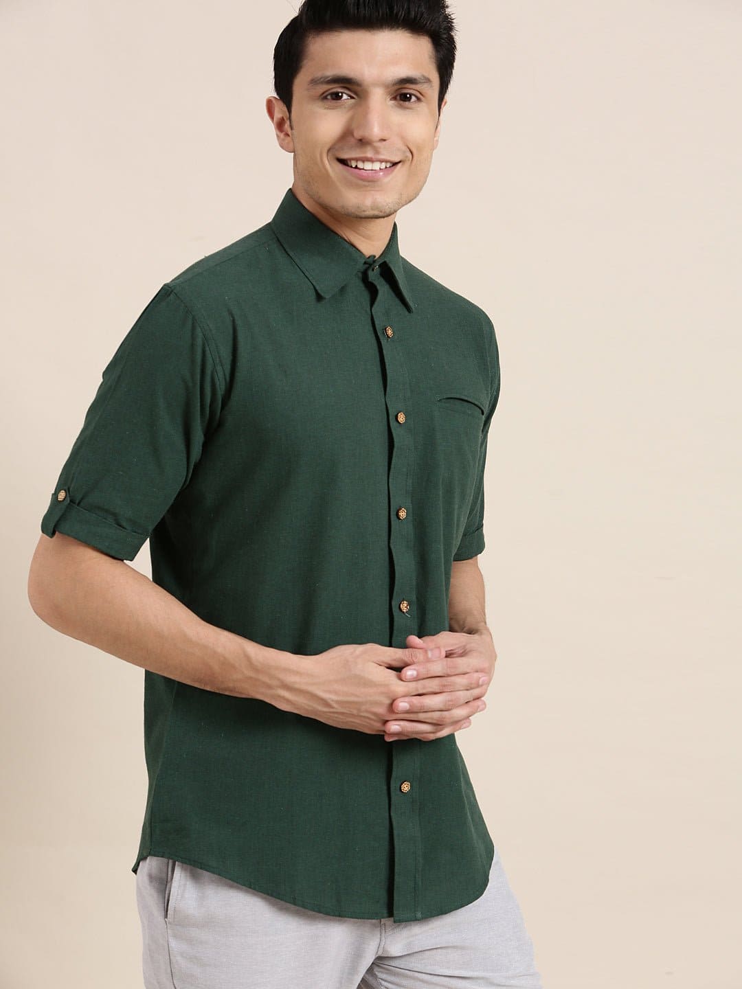Galore Green Khadi Cotton Men Shirt - Charkha TalesGalore Green Khadi Cotton Men Shirt
