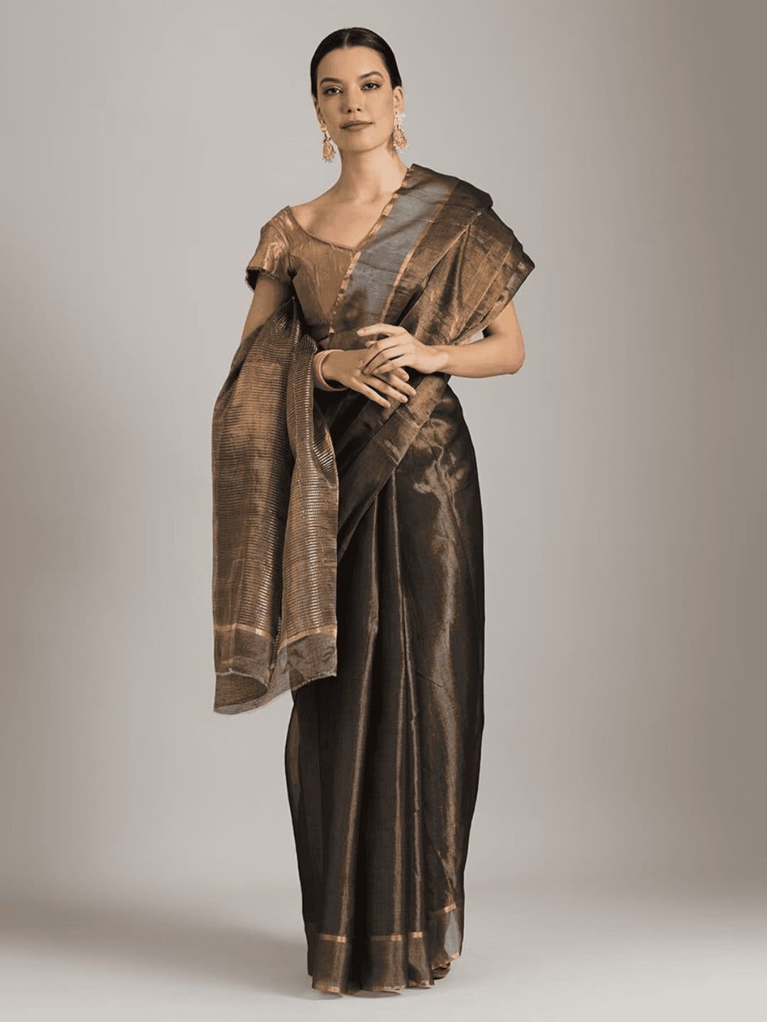 Gold Chanderi Silk Saree - Charkha TalesGold Chanderi Silk Saree