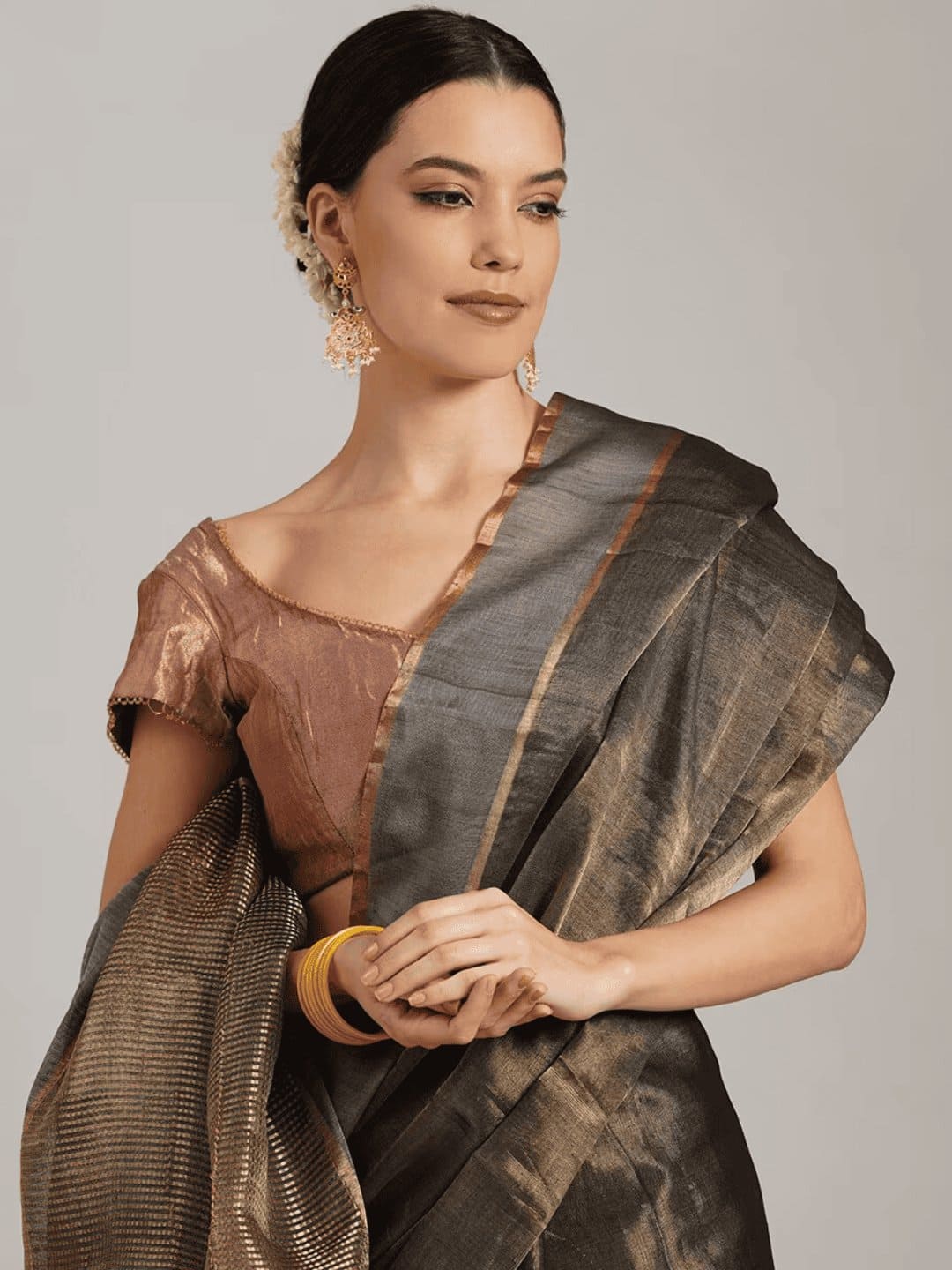 Gold Chanderi Silk Saree - Charkha TalesGold Chanderi Silk Saree