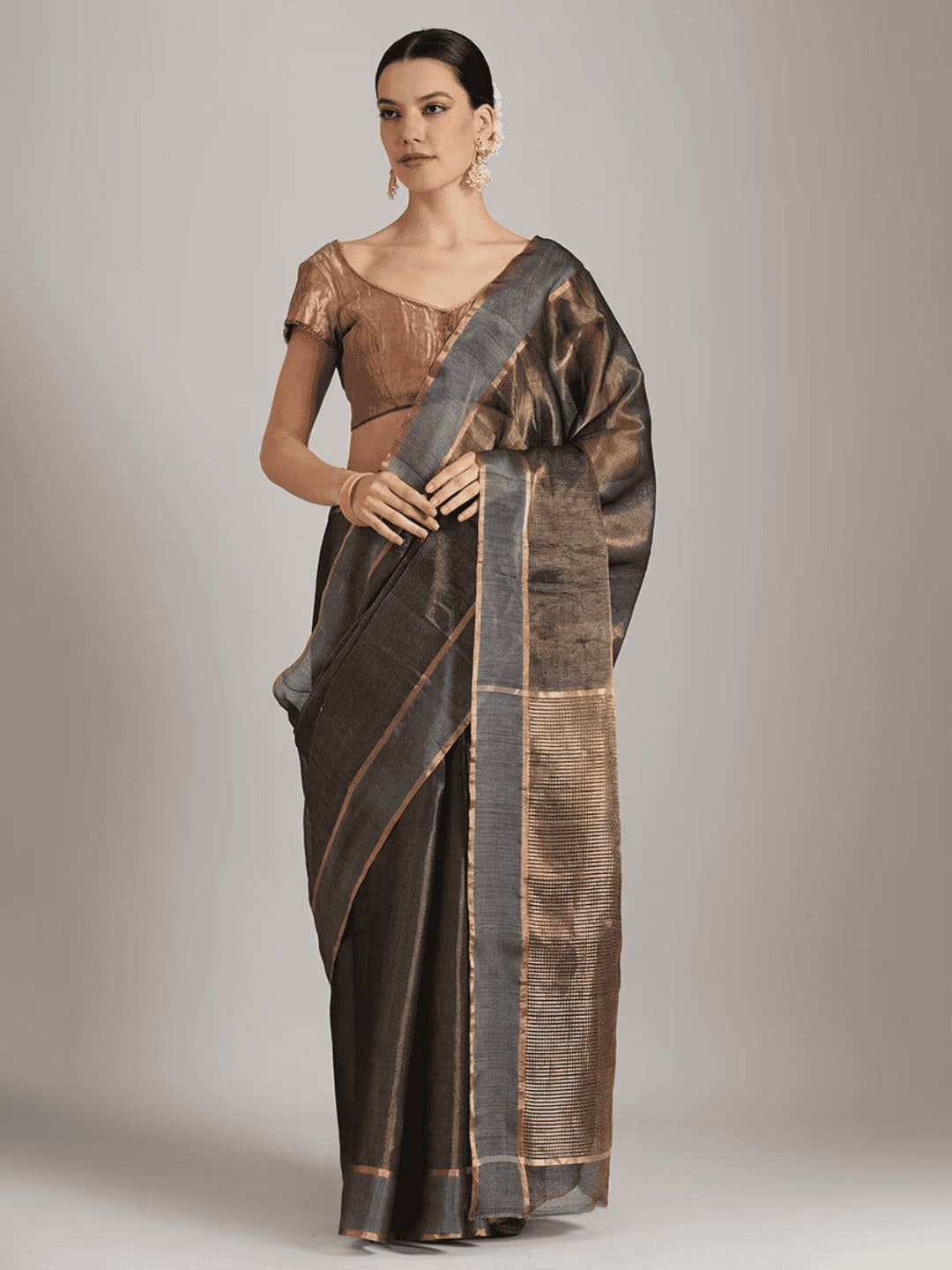 Gold Chanderi Silk Saree - Charkha TalesGold Chanderi Silk Saree
