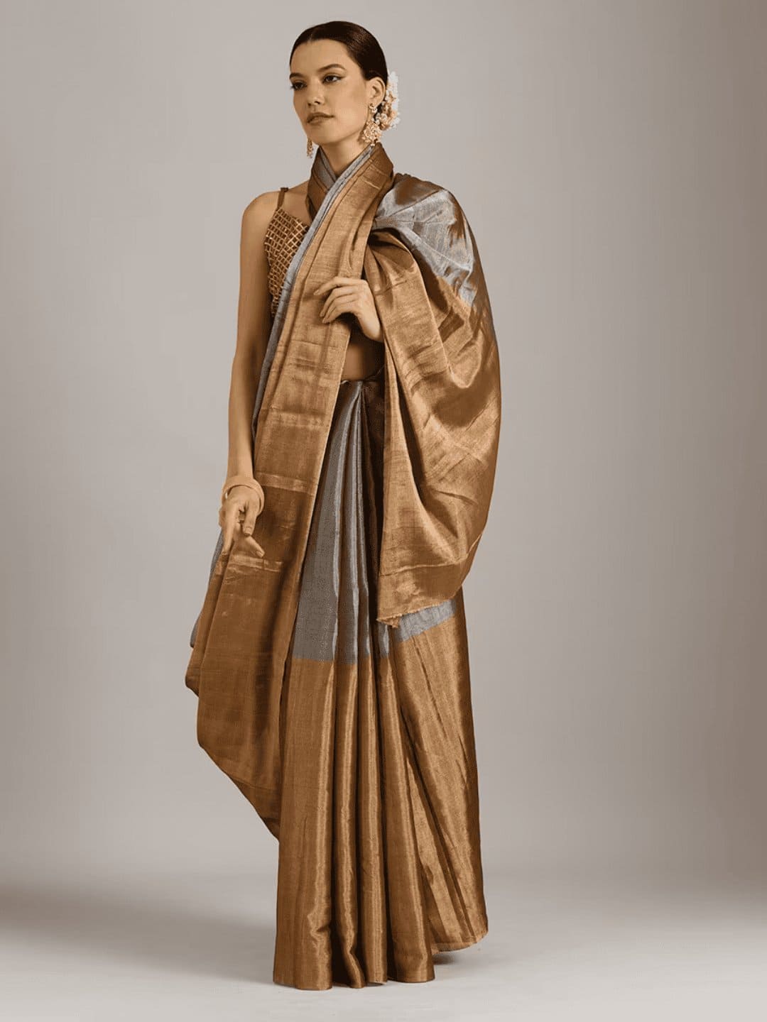 Gold Silk Chanderi Saree - Charkha TalesGold Silk Chanderi Saree
