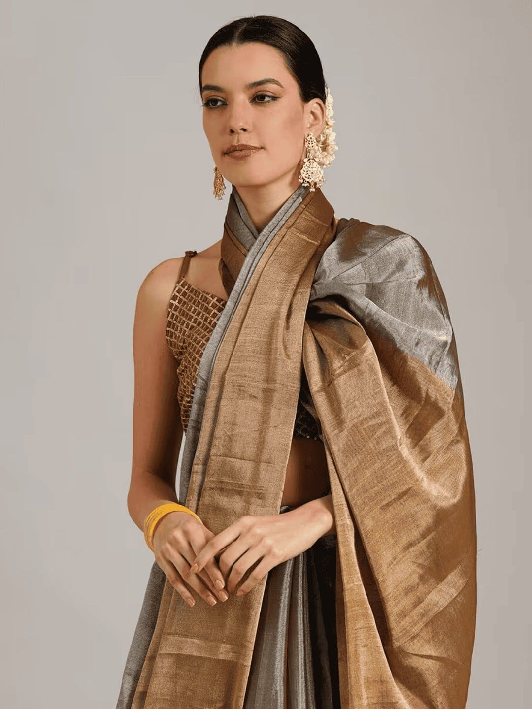 Gold Silk Chanderi Saree - Charkha TalesGold Silk Chanderi Saree
