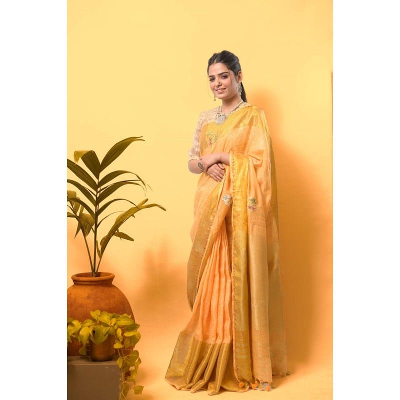 Gold Yellow Floral Embroiderd Linen Saree - Charkha TalesGold Yellow Floral Embroiderd Linen Saree