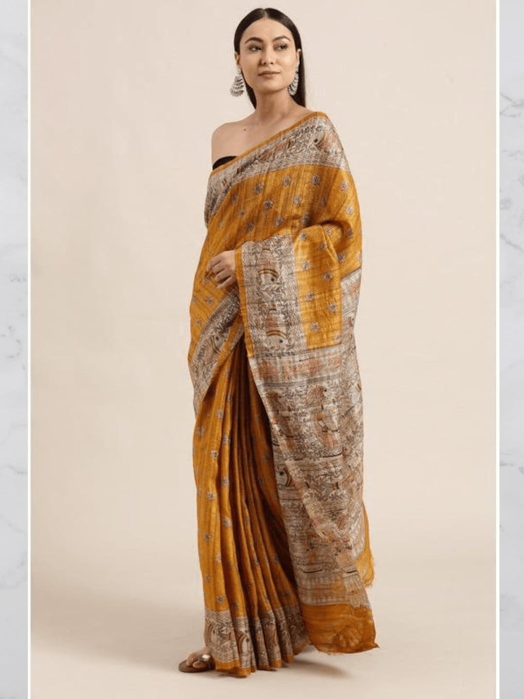 Golden Yellow Madhubani Print Silk Saree - Charkha TalesGolden Yellow Madhubani Print Silk Saree