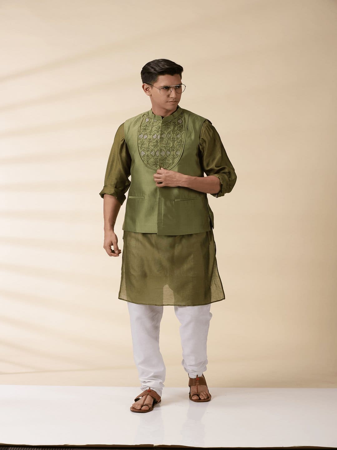 Green Chanderi Men Nehru Jacket - Charkha TalesGreen Chanderi Men Nehru Jacket