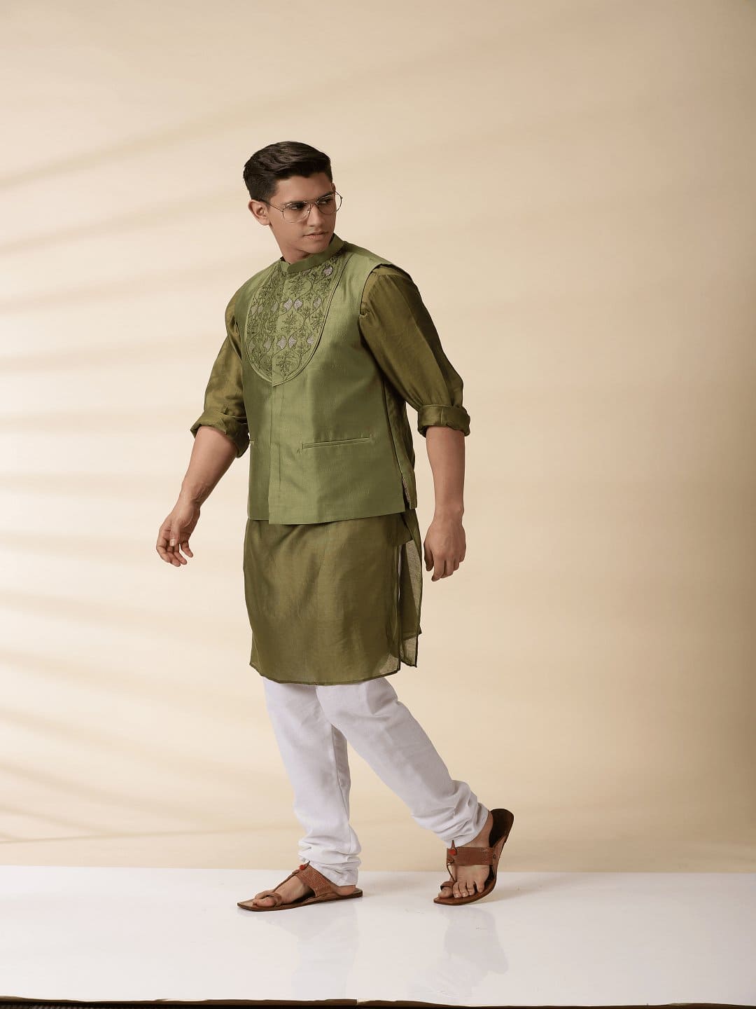 Green Chanderi Men Nehru Jacket - Charkha TalesGreen Chanderi Men Nehru Jacket