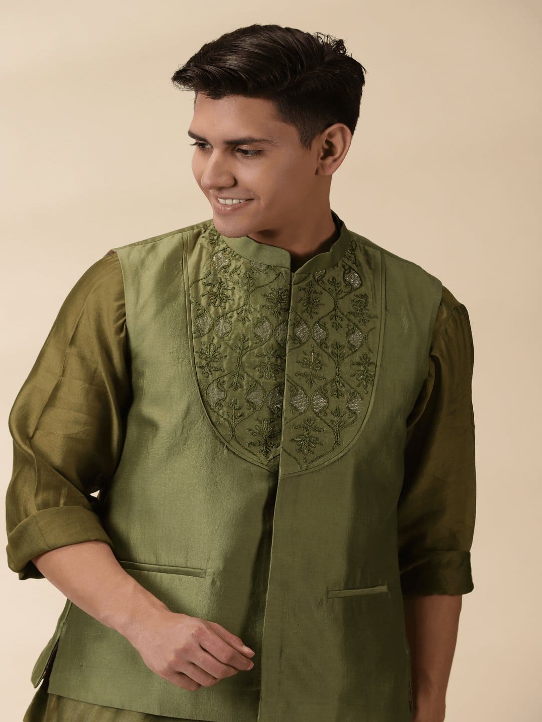 Green Chanderi Men Nehru Jacket - Charkha TalesGreen Chanderi Men Nehru Jacket