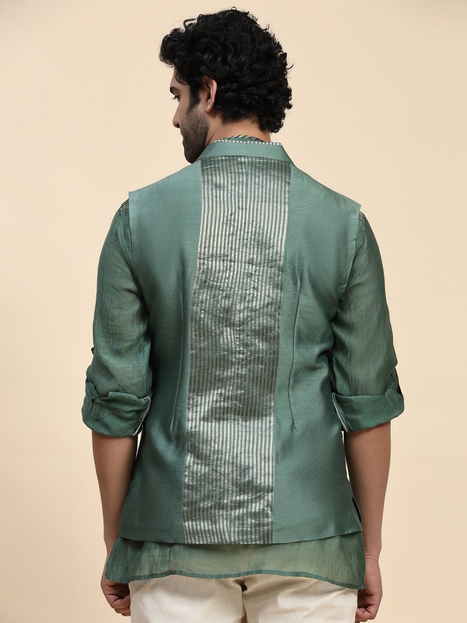 Green Chanderi Silk Men Jacket - Charkha TalesGreen Chanderi Silk Men Jacket