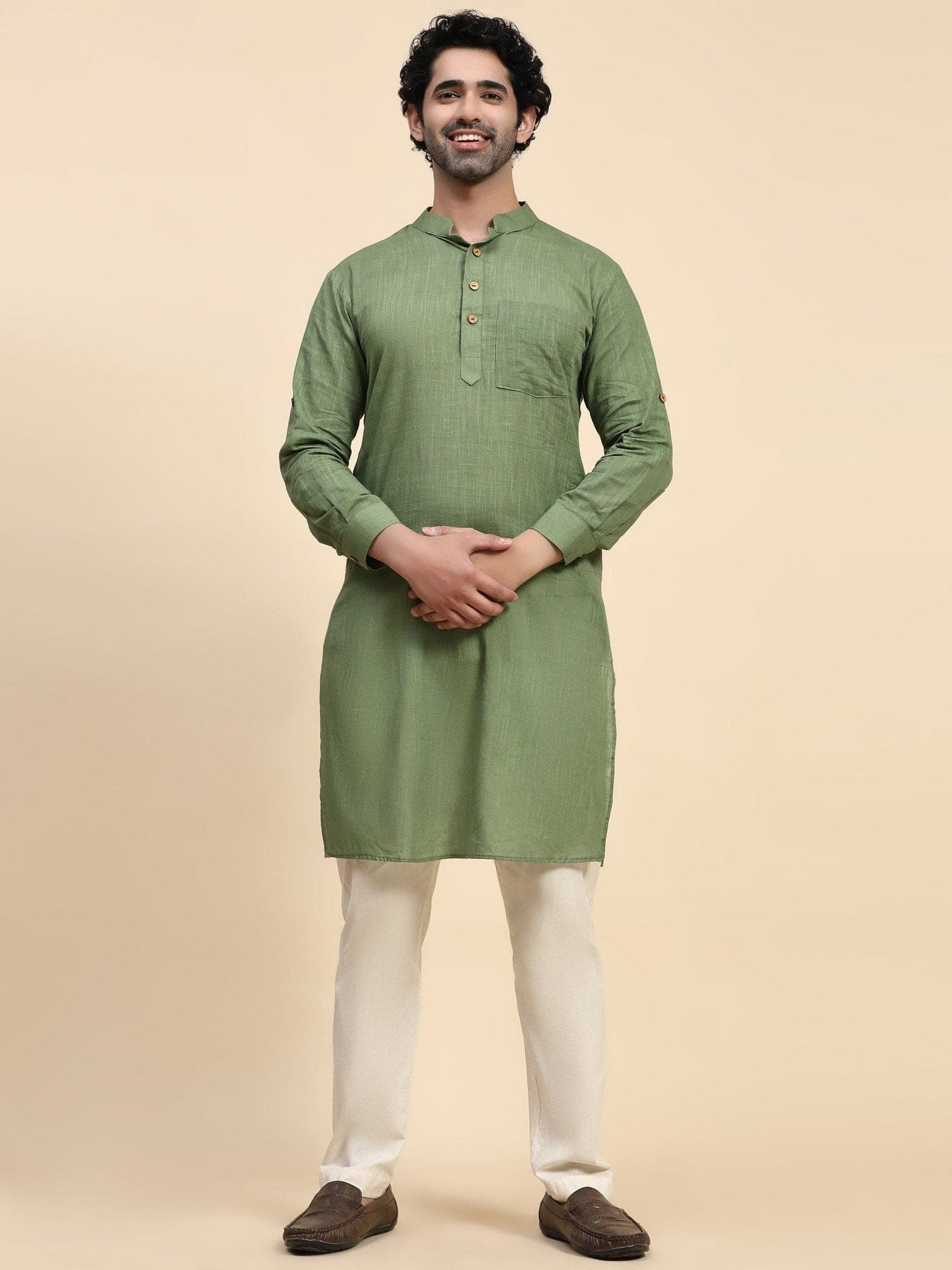 Green Cotton Men Kurta Set - Charkha TalesGreen Cotton Men Kurta Set