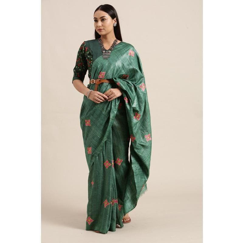 Green Embroidered Butta Silk Saree - Charkha TalesGreen Embroidered Butta Silk Saree