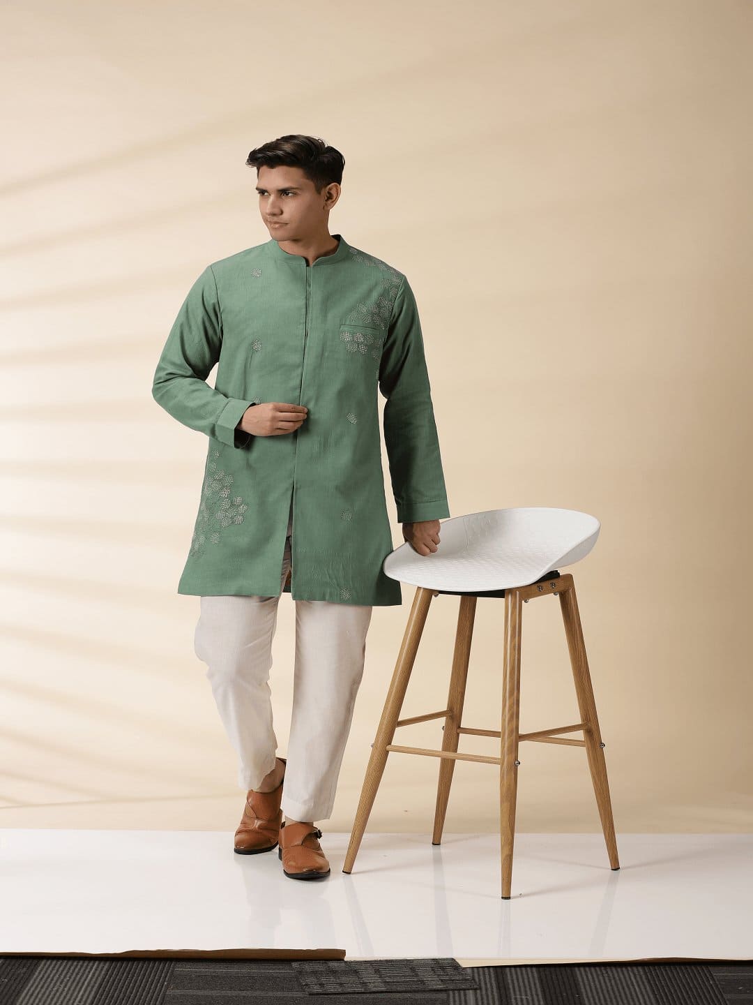 Green Long Jacket Style Men Kurta - Charkha TalesGreen Long Jacket Style Men Kurta