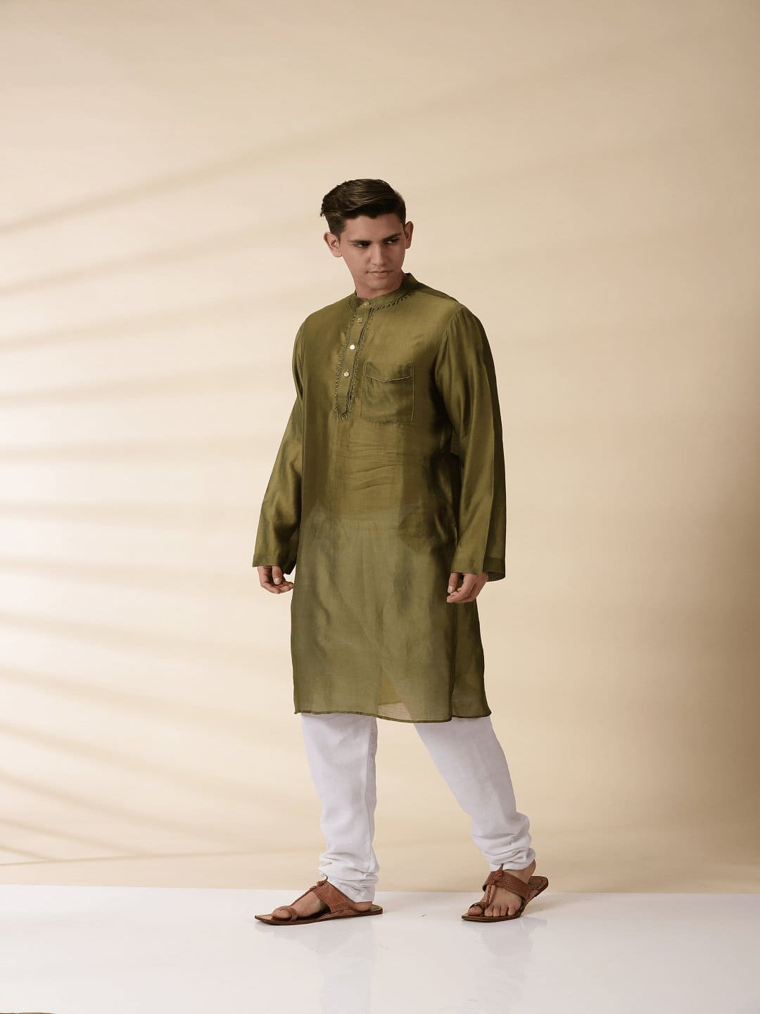 Green Men Chanderi Chikankari Kurta - Charkha TalesGreen Men Chanderi Chikankari Kurta