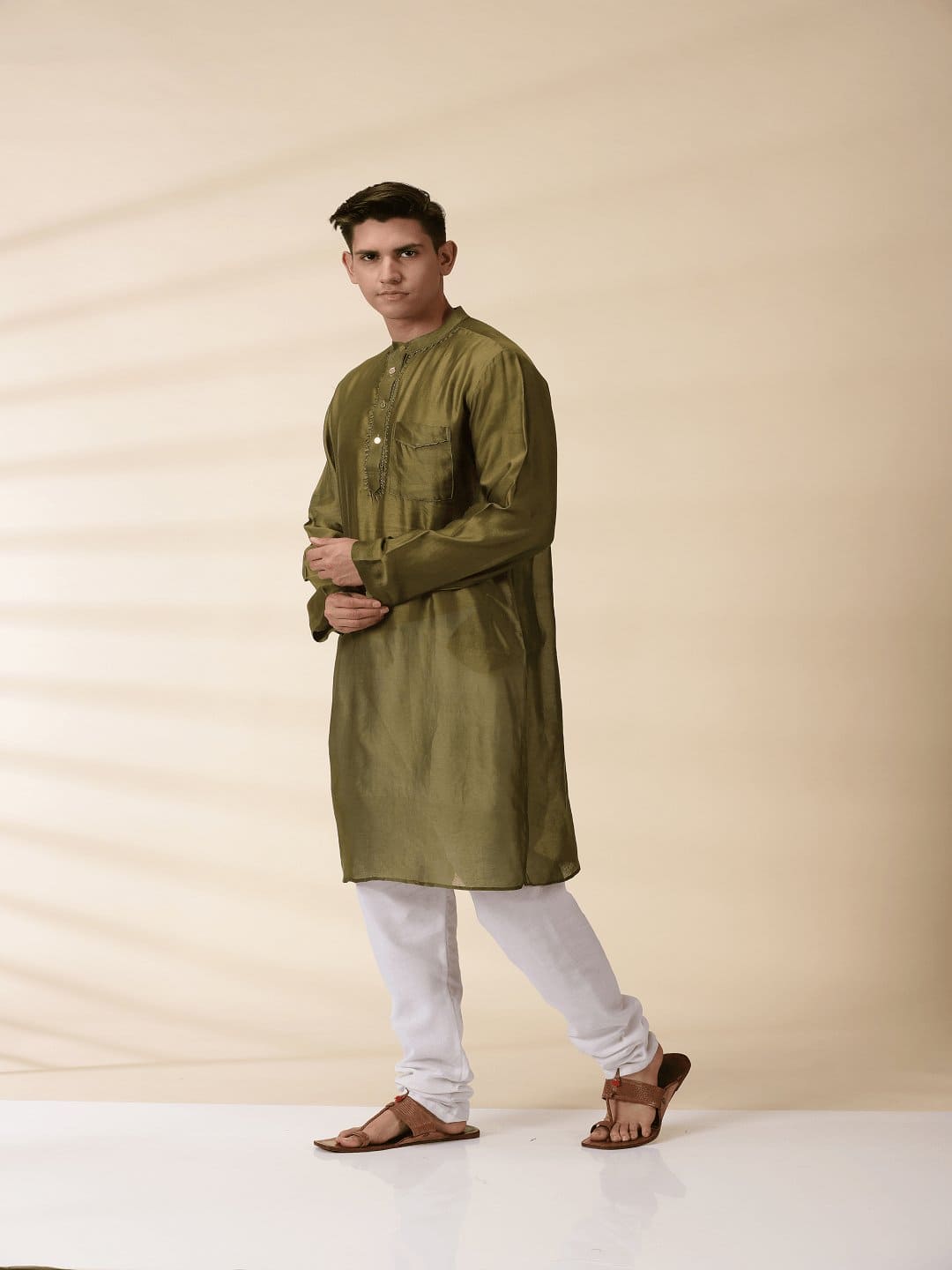 Green Men Chanderi Chikankari Kurta - Charkha TalesGreen Men Chanderi Chikankari Kurta