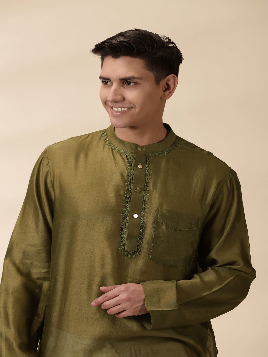 Green Men Chanderi Chikankari Kurta - Charkha TalesGreen Men Chanderi Chikankari Kurta