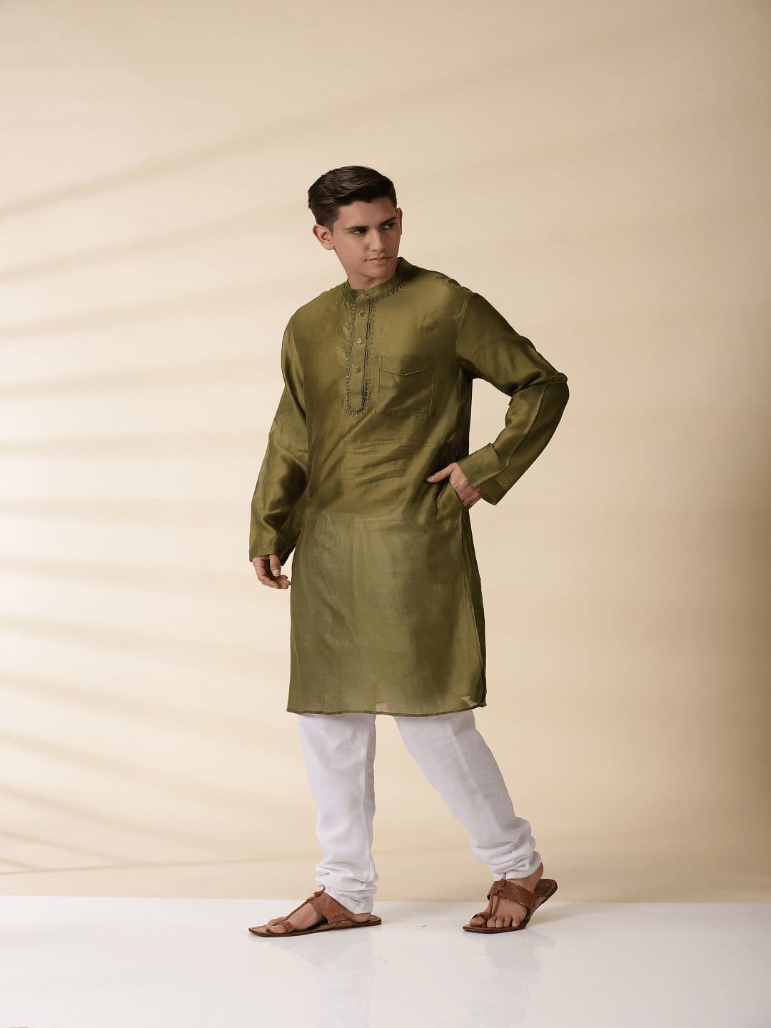 Green Men Chanderi Chikankari Kurta - Charkha TalesGreen Men Chanderi Chikankari Kurta