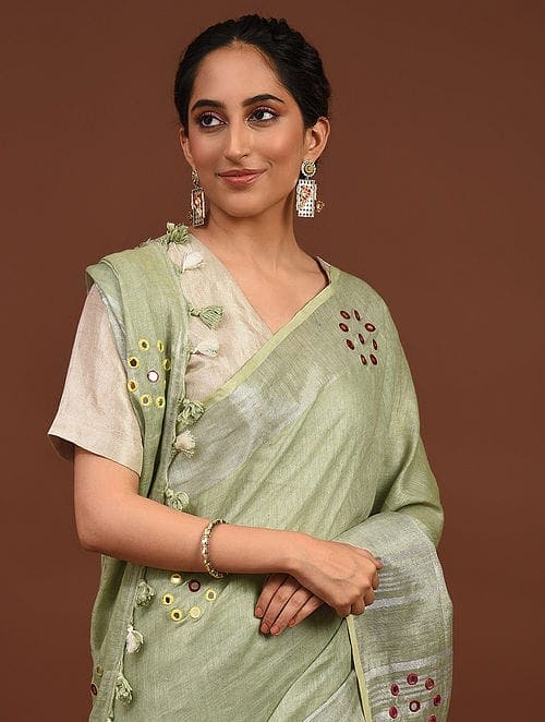 Green Mirror Work Linen Saree - Charkha TalesGreen Mirror Work Linen Saree