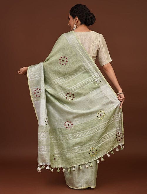 Green Mirror Work Linen Saree - Charkha TalesGreen Mirror Work Linen Saree