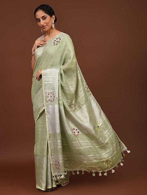 Green Mirror Work Linen Saree - Charkha TalesGreen Mirror Work Linen Saree