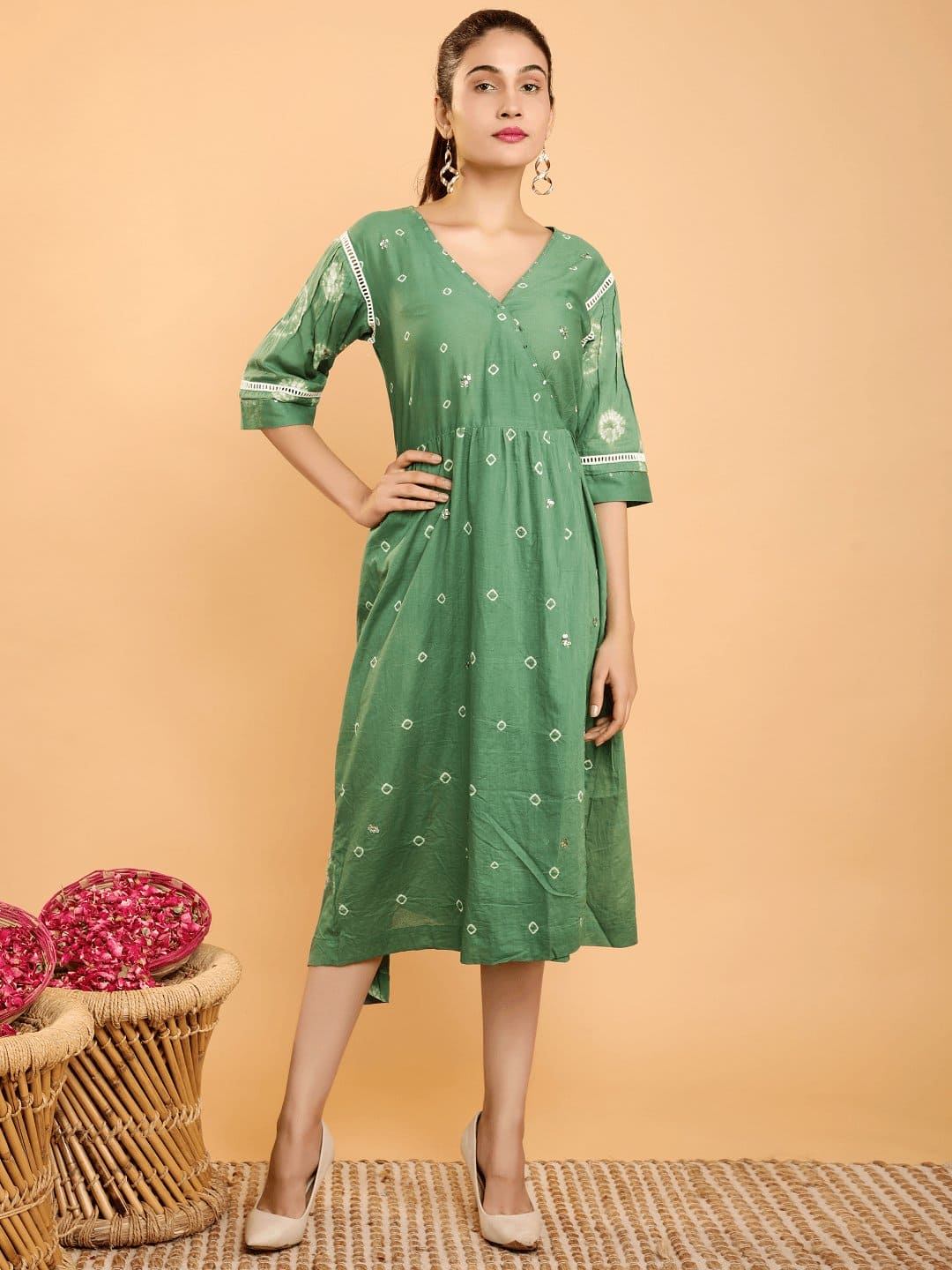 Green Mul Tie Dye Dress - Charkha TalesGreen Mul Tie Dye Dress