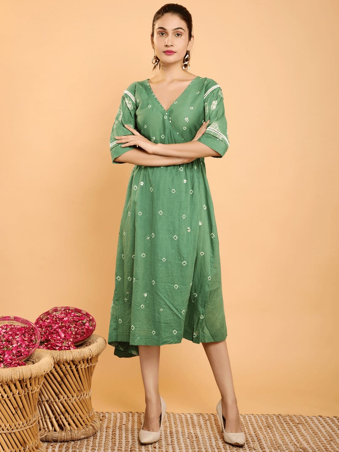 Green Mul Tie Dye Dress - Charkha TalesGreen Mul Tie Dye Dress