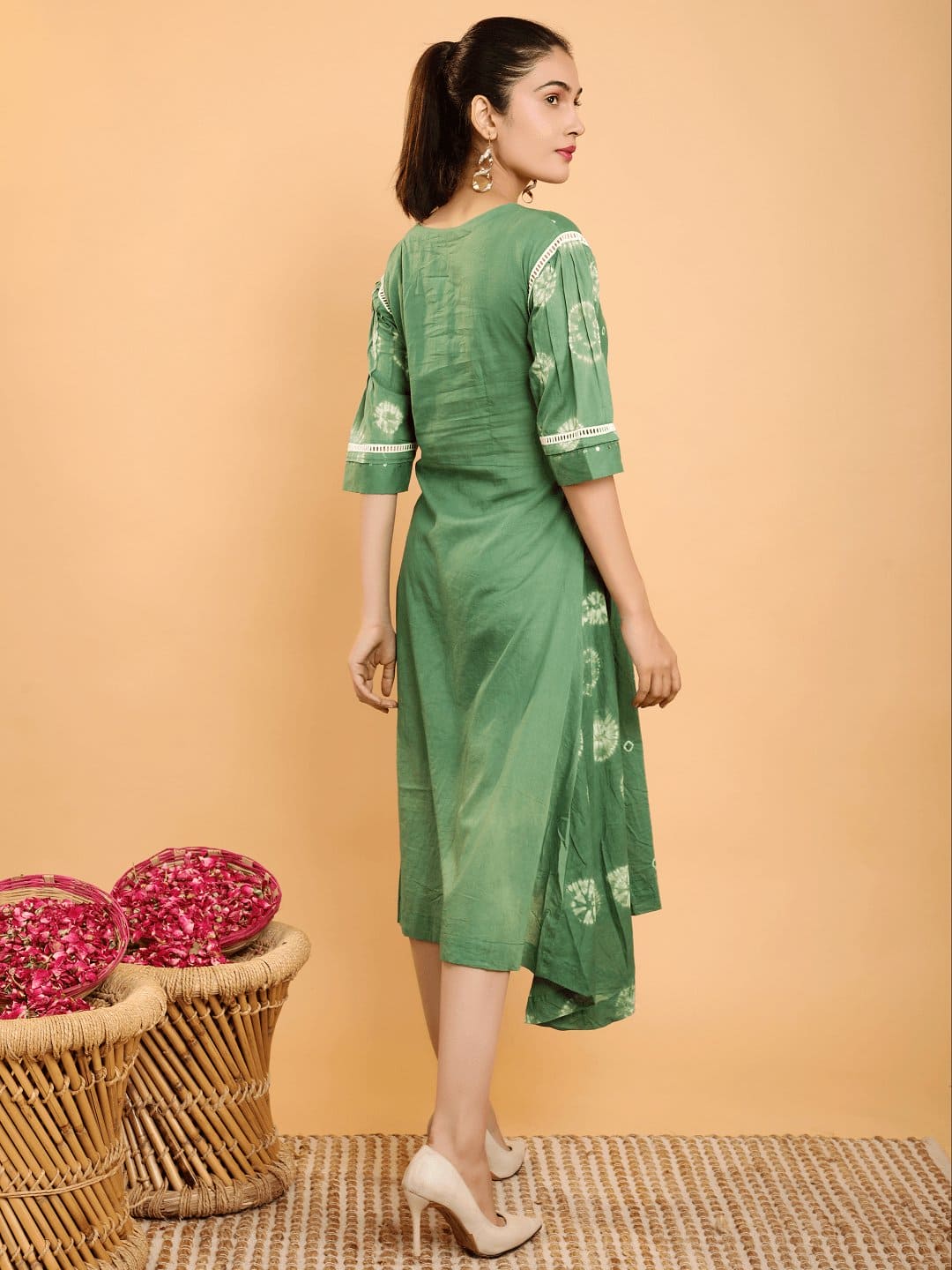 Green Mul Tie Dye Dress - Charkha TalesGreen Mul Tie Dye Dress