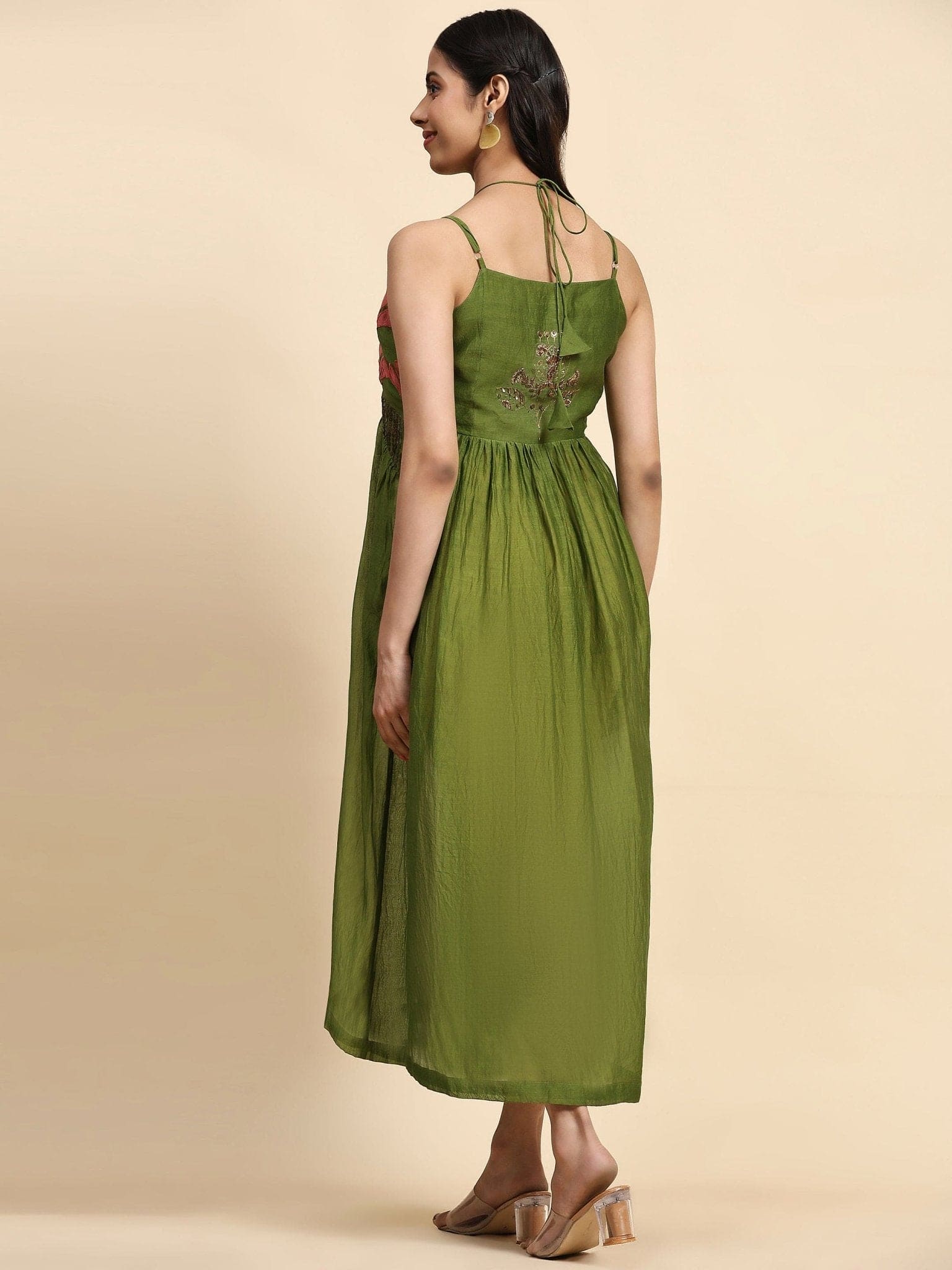 Green Patch Work With Zardozi Pure Silk Dress - Charkha TalesGreen Patch Work With Zardozi Pure Silk Dress