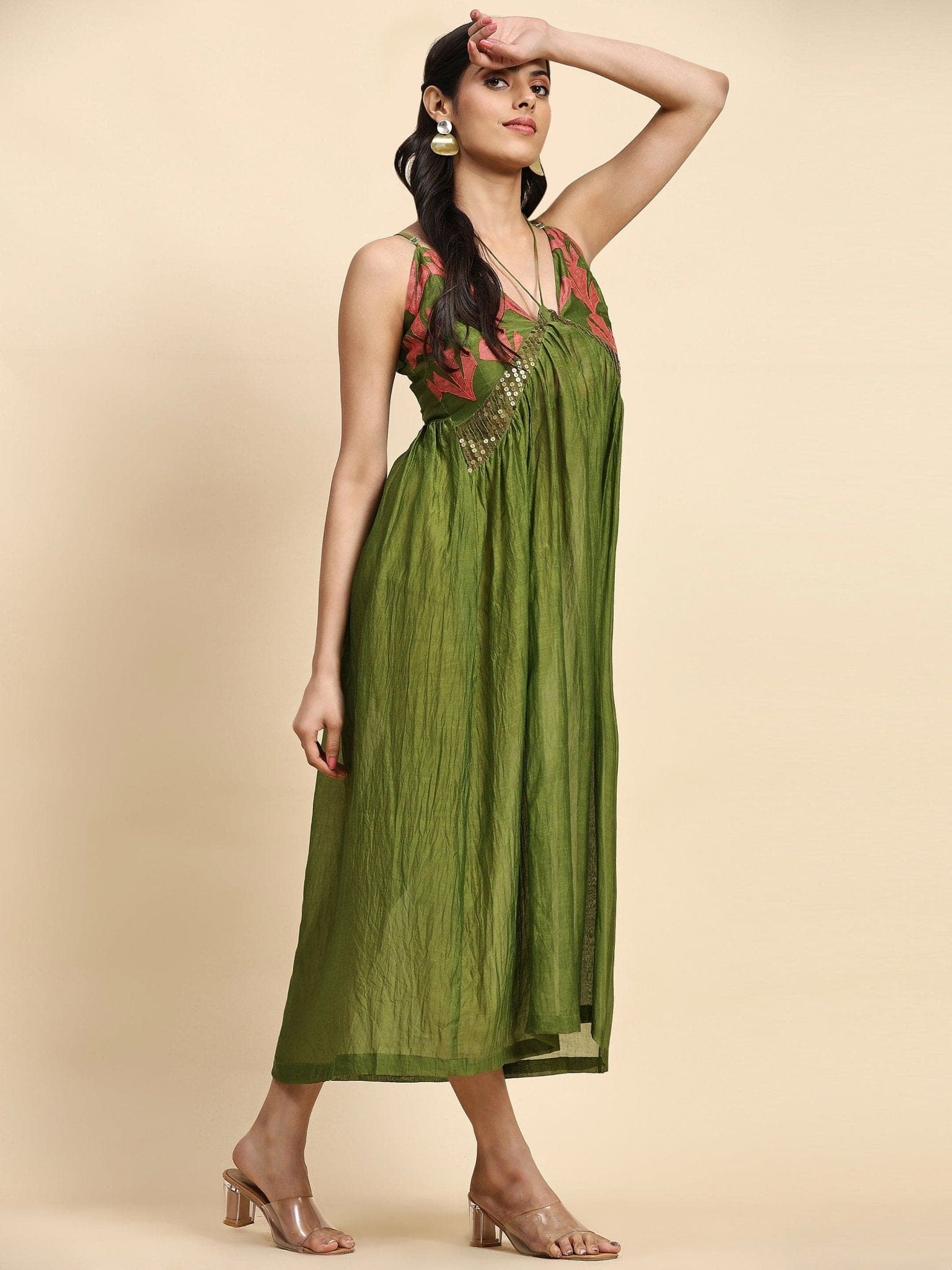 Green Patch Work With Zardozi Pure Silk Dress - Charkha TalesGreen Patch Work With Zardozi Pure Silk Dress