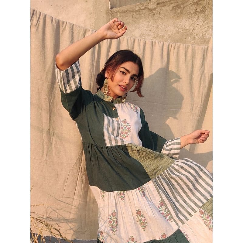 Green Patched Upcycled Khadi Dress - Charkha TalesGreen Patched Upcycled Khadi Dress