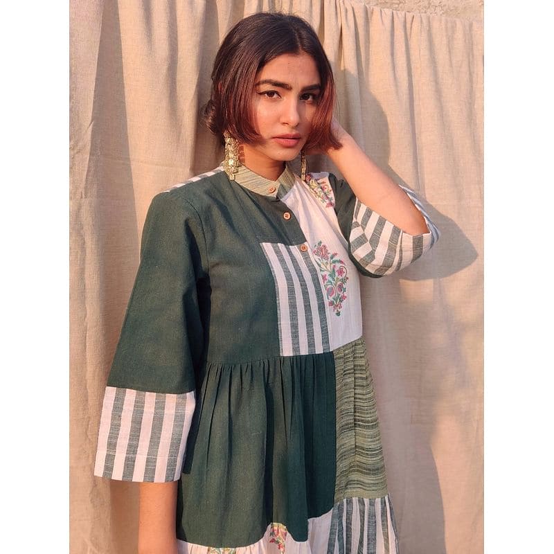 Green Patched Upcycled Khadi Dress - Charkha TalesGreen Patched Upcycled Khadi Dress