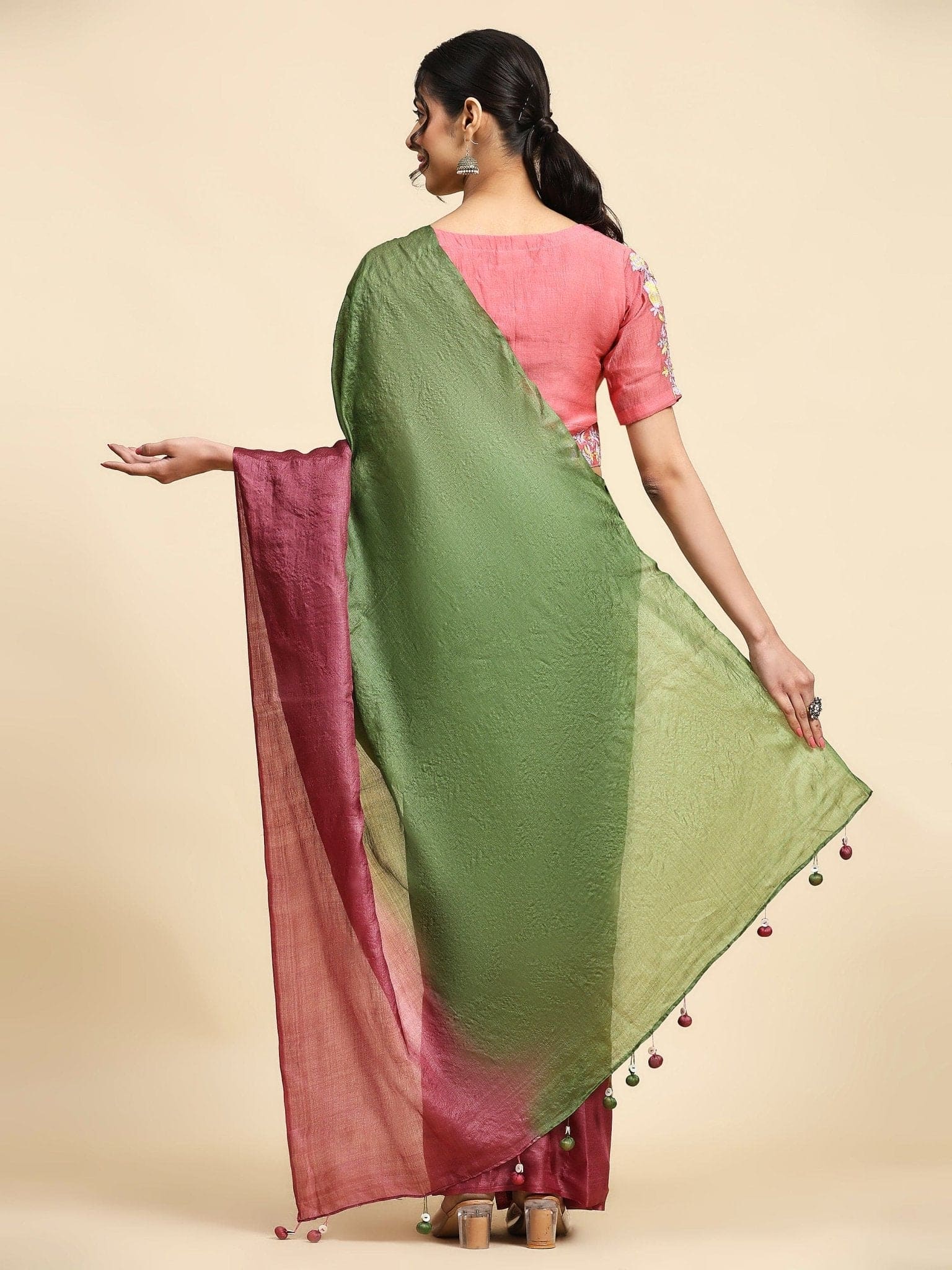 Green & Pink Tussar Silk Sarees - Charkha TalesGreen & Pink Tussar Silk Sarees