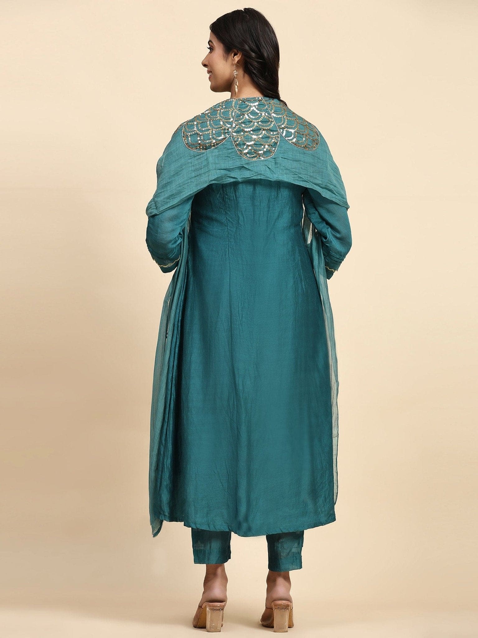 Green Sequence Work Chanderi Kurta Set - Charkha TalesGreen Sequence Work Chanderi Kurta Set