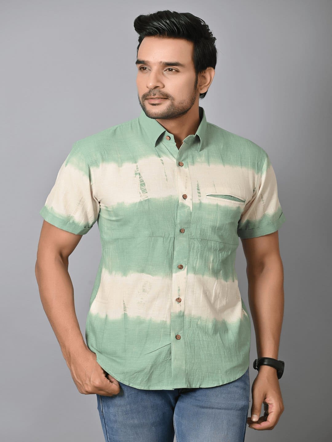 Green Tie Dye Men Half Sleeve Shirt - Charkha TalesGreen Tie Dye Men Half Sleeve Shirt