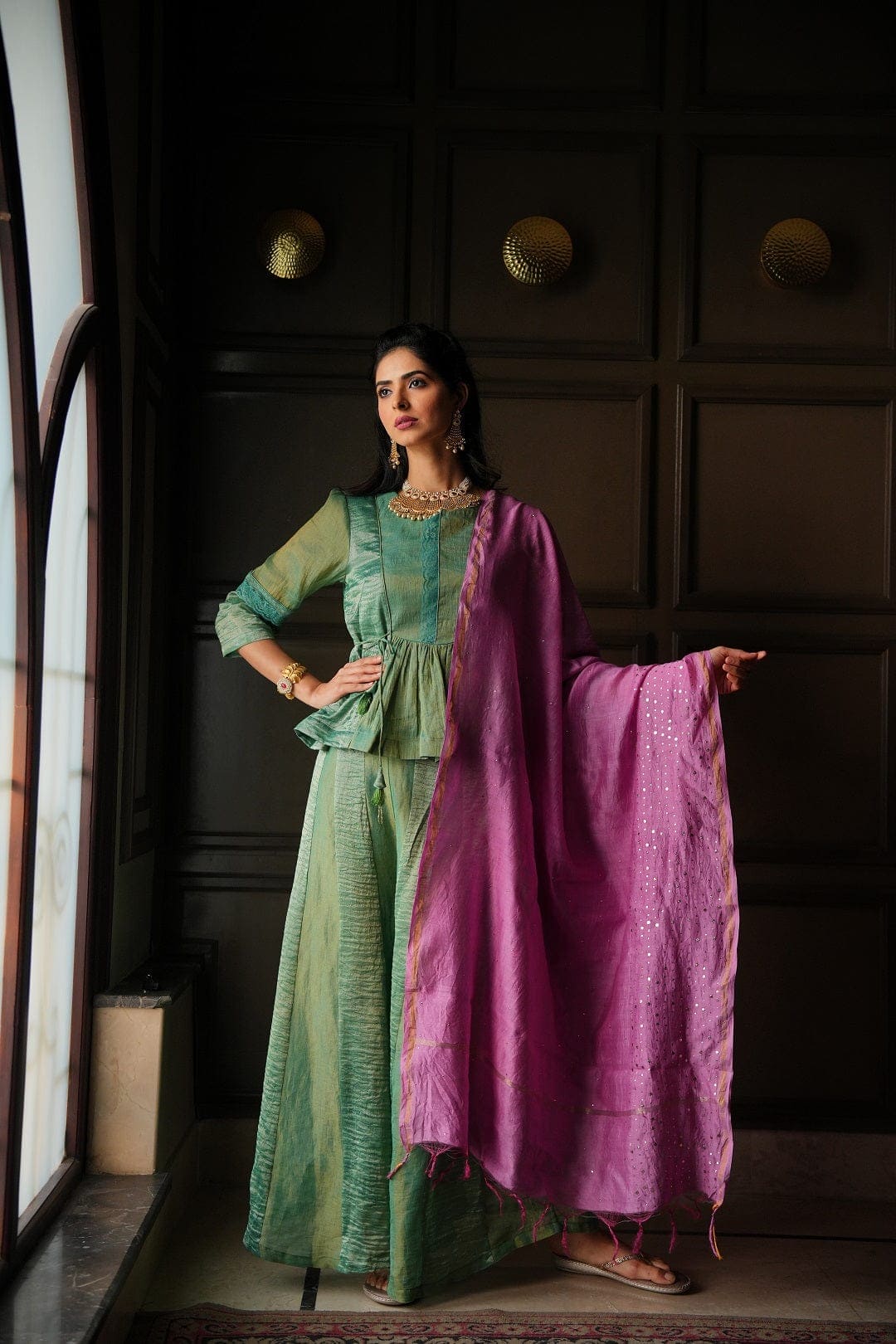 Green Tissue Chanderi Silk Co-ord Set - Charkha TalesGreen Tissue Chanderi Silk Co-ord Set