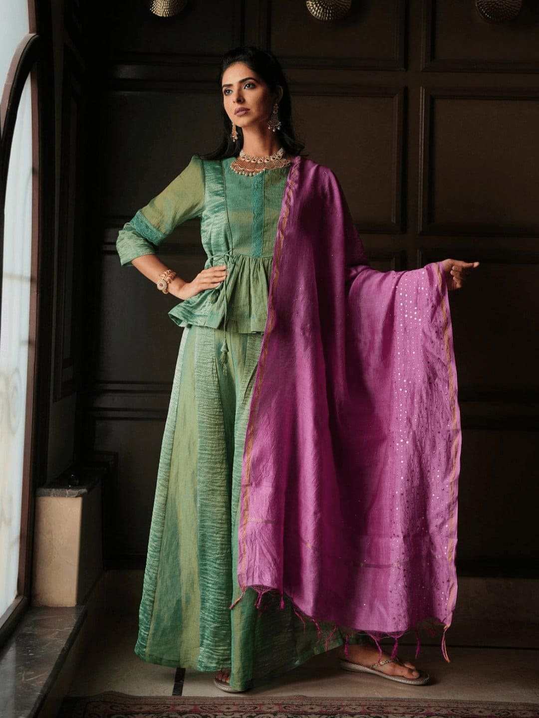 Green Tissue Chanderi Silk Co-ord Set - Charkha TalesGreen Tissue Chanderi Silk Co-ord Set