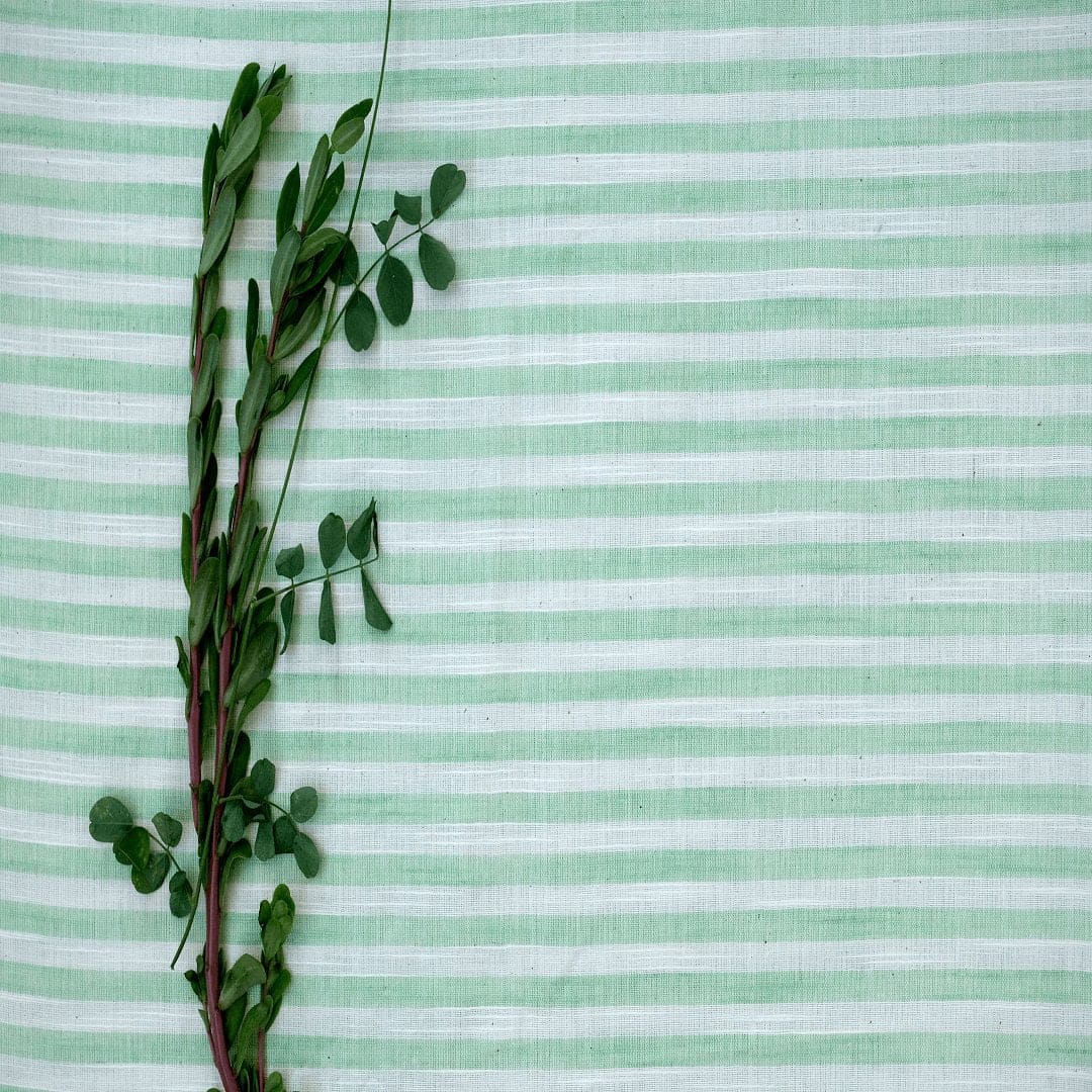 Green & White Striped Linen Fabric - Charkha TalesGreen & White Striped Linen Fabric