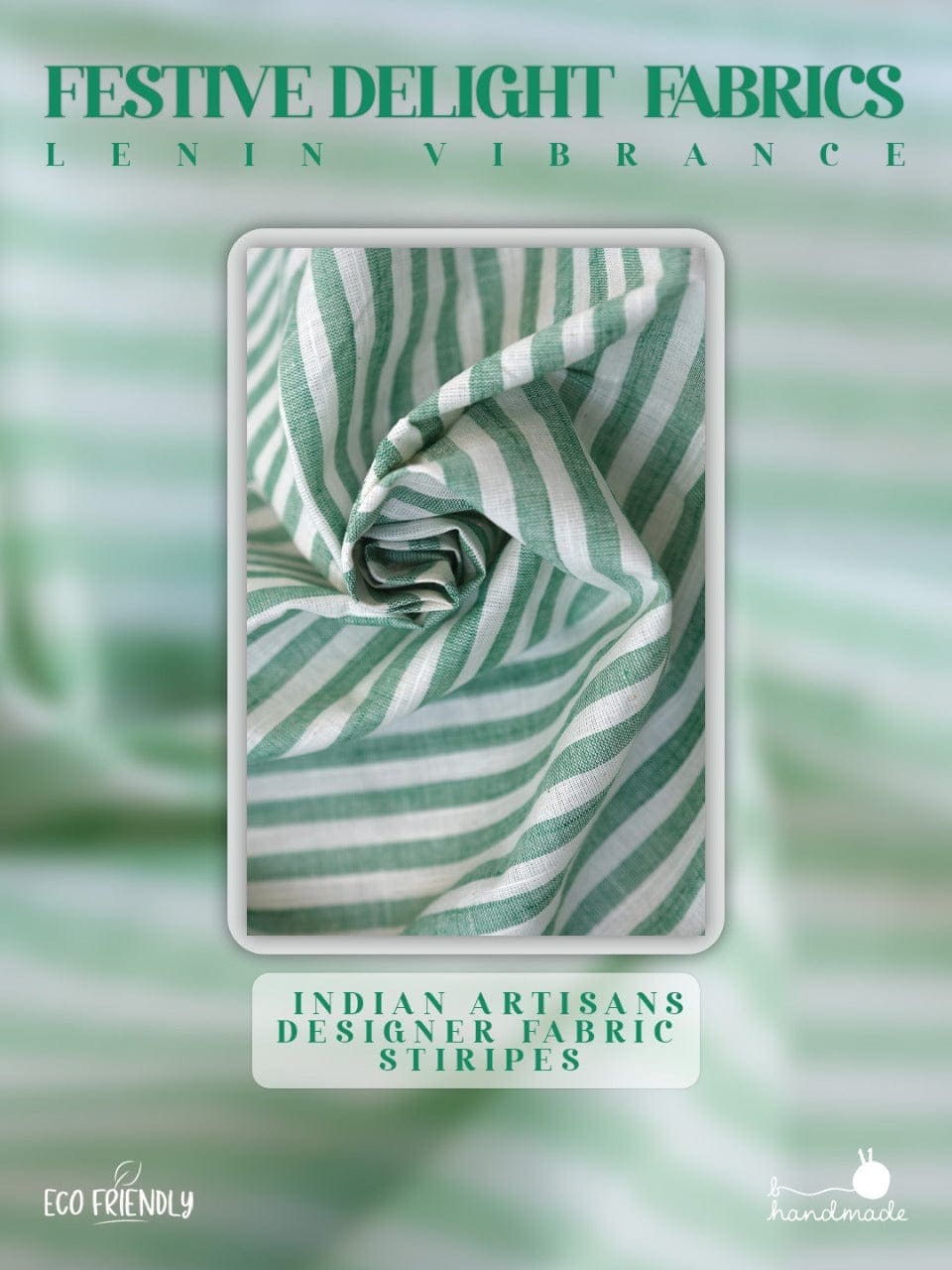 Green & White Striped Linen Fabric - Charkha TalesGreen & White Striped Linen Fabric