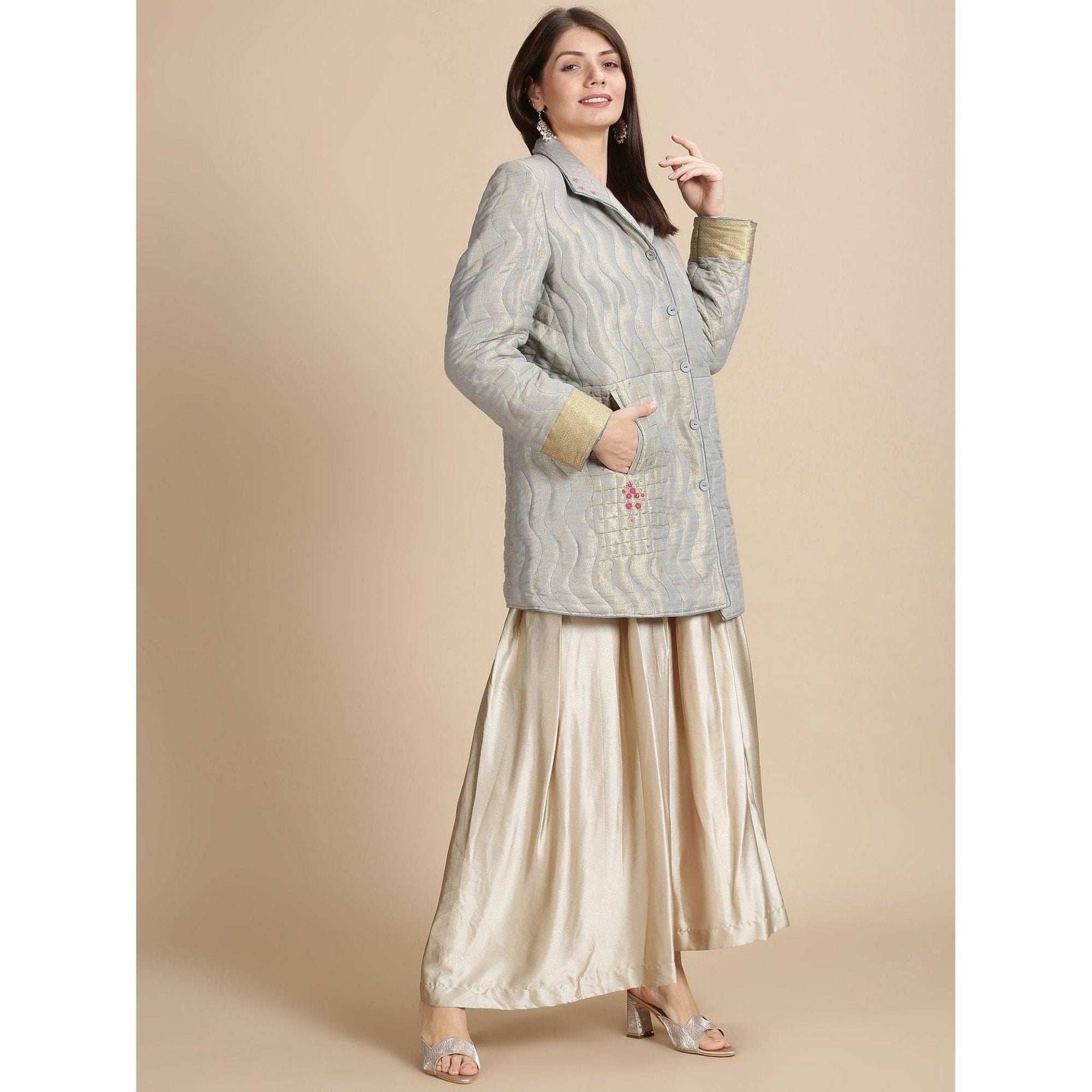 Grey Banarsi Zari Quilted Jacket - Charkha TalesGrey Banarsi Zari Quilted Jacket