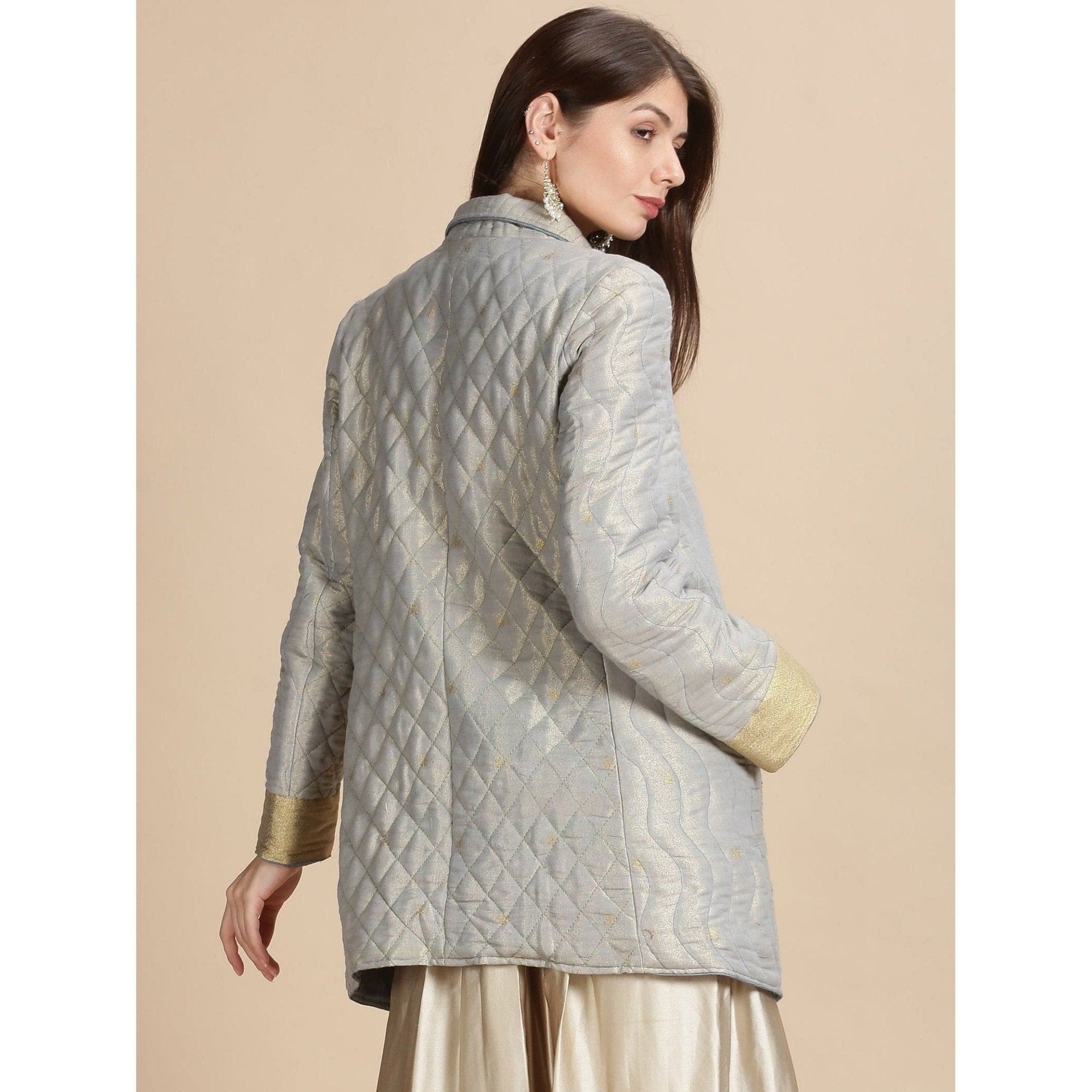 Grey Banarsi Zari Quilted Jacket - Charkha TalesGrey Banarsi Zari Quilted Jacket
